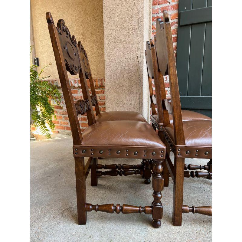 Set 4 Vintage French Carved Oak Ladder Back Dining Chair Leather Seat Brass Trim 14