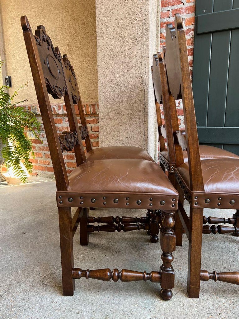 Set 4 Vintage French Carved Oak Ladder Back Dining Chair Leather Seat Brass Trim For Sale 14
