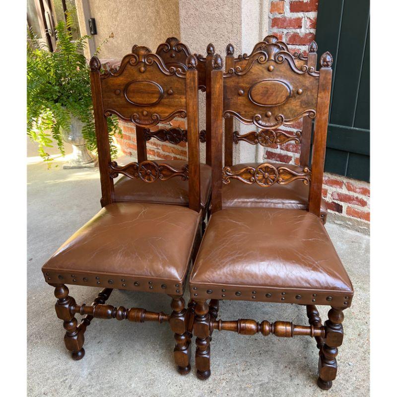 Set 4 vintage French carved oak ladder back dining chair leather seat brass trim.

Direct from France, a lovely set of 4 vintage/antique French chairs with stunning silhouettes.
Carved upper stiles, with carved serpentine and scrolled, wide