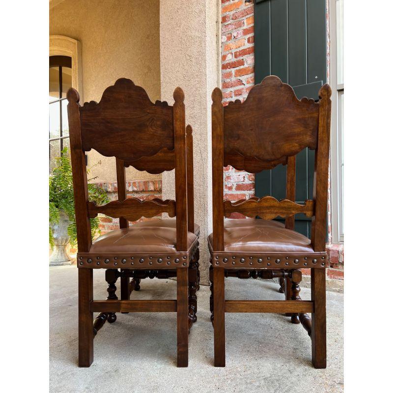 Set 4 Vintage French Carved Oak Ladder Back Dining Chair Leather Seat Brass Trim 15