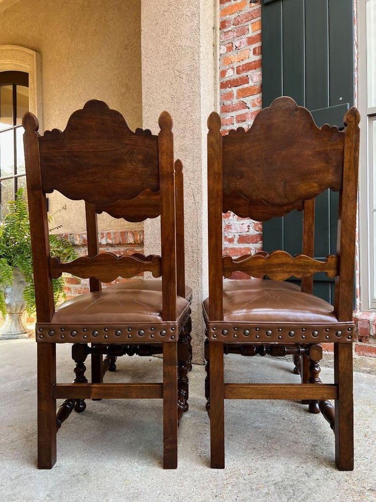 Set 4 Vintage French Carved Oak Ladder Back Dining Chair Leather Seat Brass Trim For Sale 15