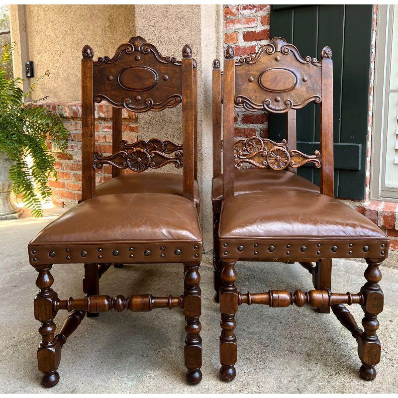 French Provincial Set 4 Vintage French Carved Oak Ladder Back Dining Chair Leather Seat Brass Trim