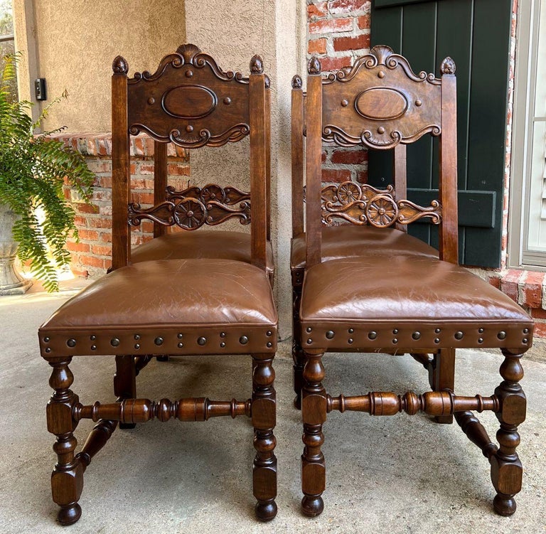 French Provincial Set 4 Vintage French Carved Oak Ladder Back Dining Chair Leather Seat Brass Trim For Sale