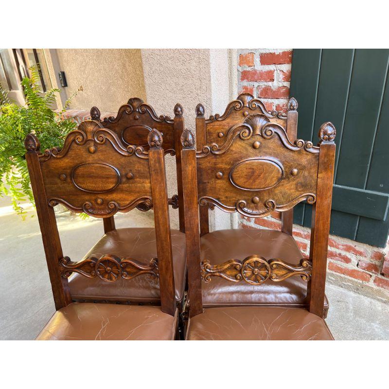 Set 4 Vintage French Carved Oak Ladder Back Dining Chair Leather Seat Brass Trim In Good Condition In Shreveport, LA