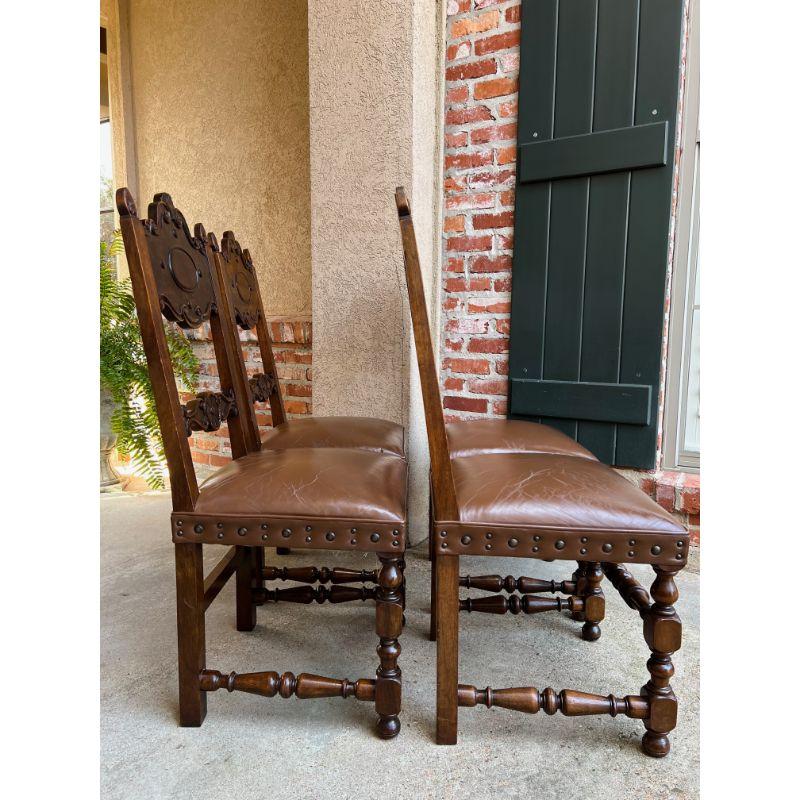Set 4 Vintage French Carved Oak Ladder Back Dining Chair Leather Seat Brass Trim 2
