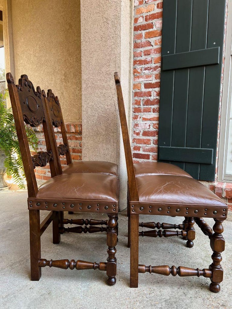Set 4 Vintage French Carved Oak Ladder Back Dining Chair Leather Seat Brass Trim For Sale 2