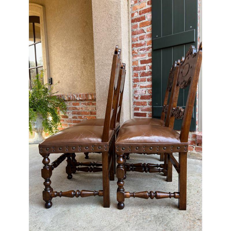 Set 4 Vintage French Carved Oak Ladder Back Dining Chair Leather Seat Brass Trim 3