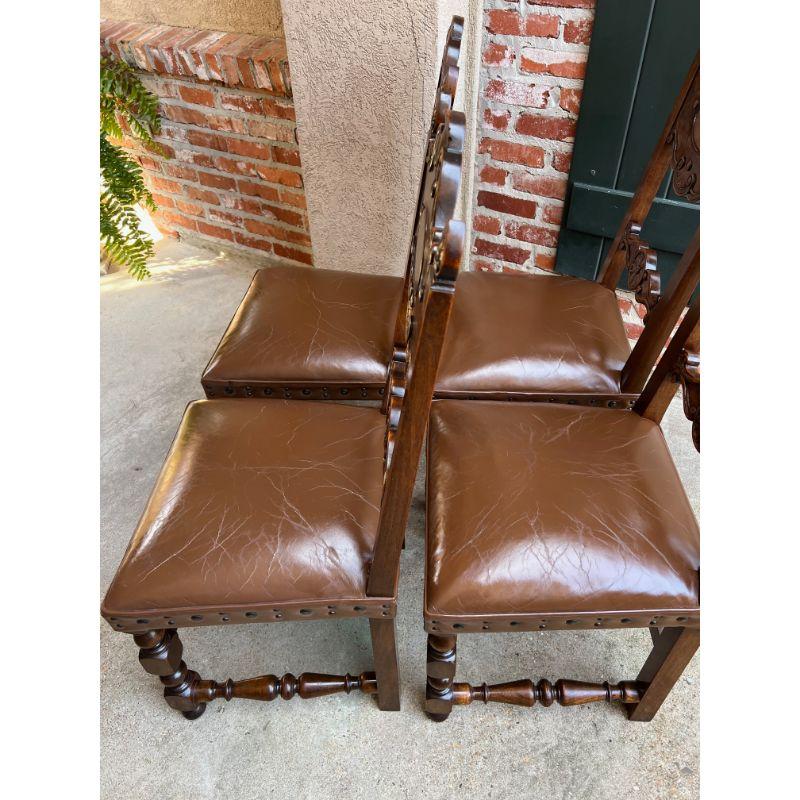 Set 4 Vintage French Carved Oak Ladder Back Dining Chair Leather Seat Brass Trim 4