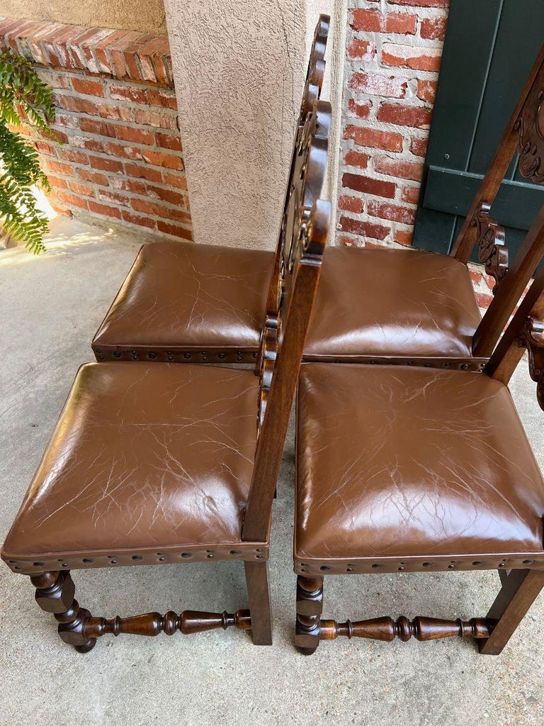 Set 4 Vintage French Carved Oak Ladder Back Dining Chair Leather Seat Brass Trim For Sale 4