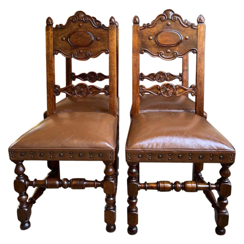 Set 4 Vintage French Carved Oak Ladder Back Dining Chair Leather Seat Brass Trim