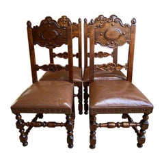 Set 4 Vintage French Carved Oak Ladder Back Dining Chair Leather Seat Brass Trim