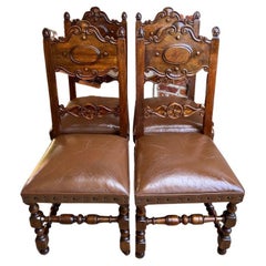 Set 4 Vintage French Carved Oak Ladder Back Dining Chair Leather Seat Brass Trim