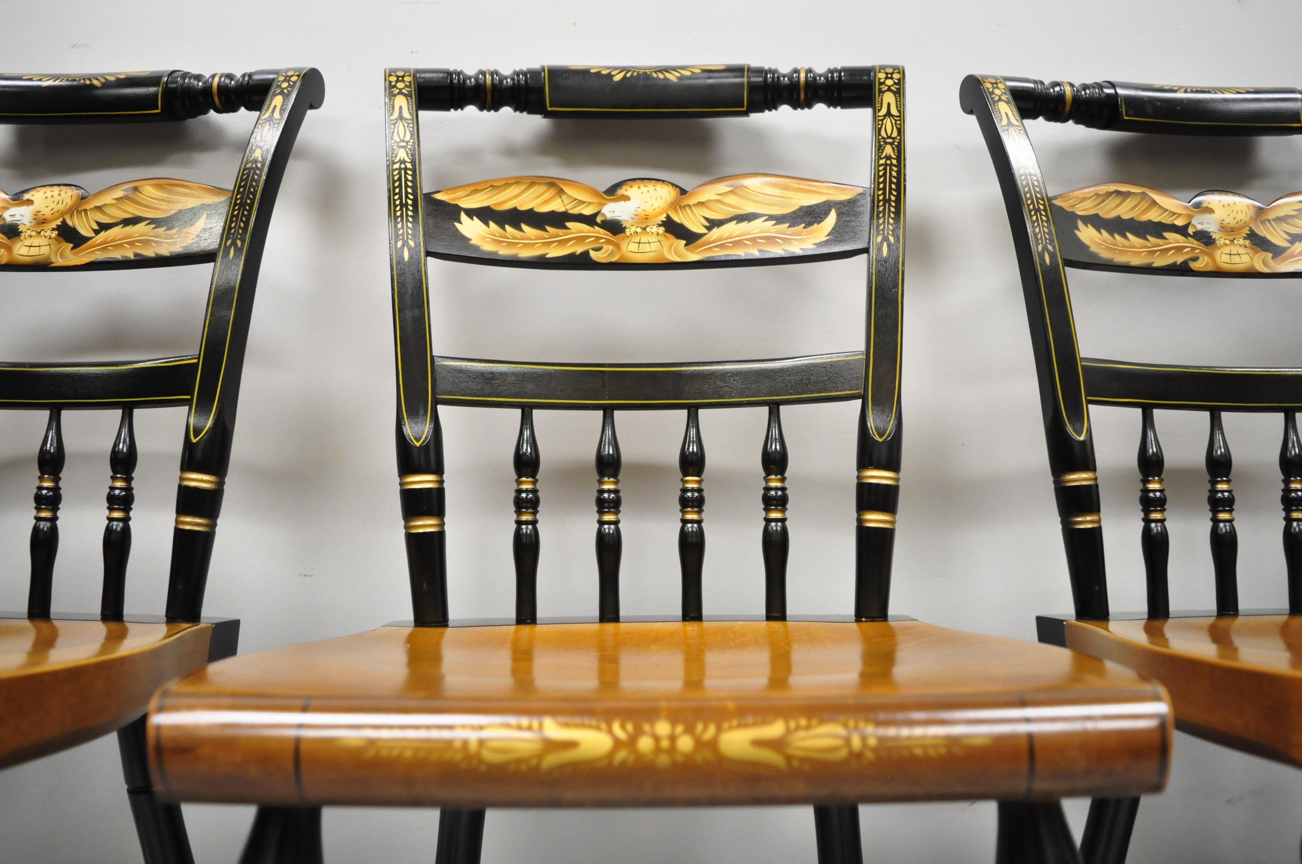 Set of 4 L. Hitchcock Gold Eagle Stencilled Painted Black Maple Dining Chair In Good Condition In Philadelphia, PA