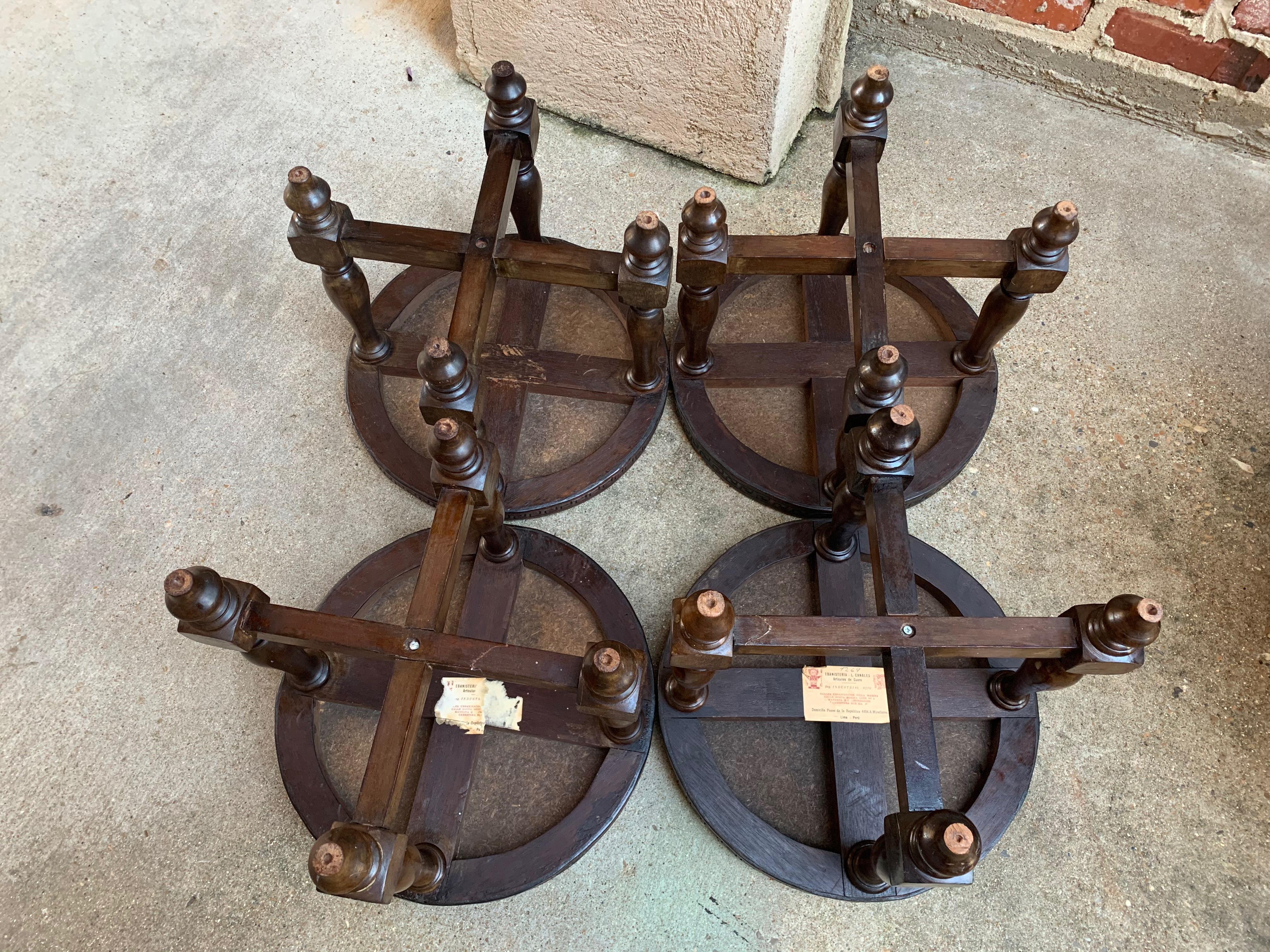 Set 4 Vintage Peruvian Embossed Leather Wood Round Stool Bench Greek Key Aztec 5
