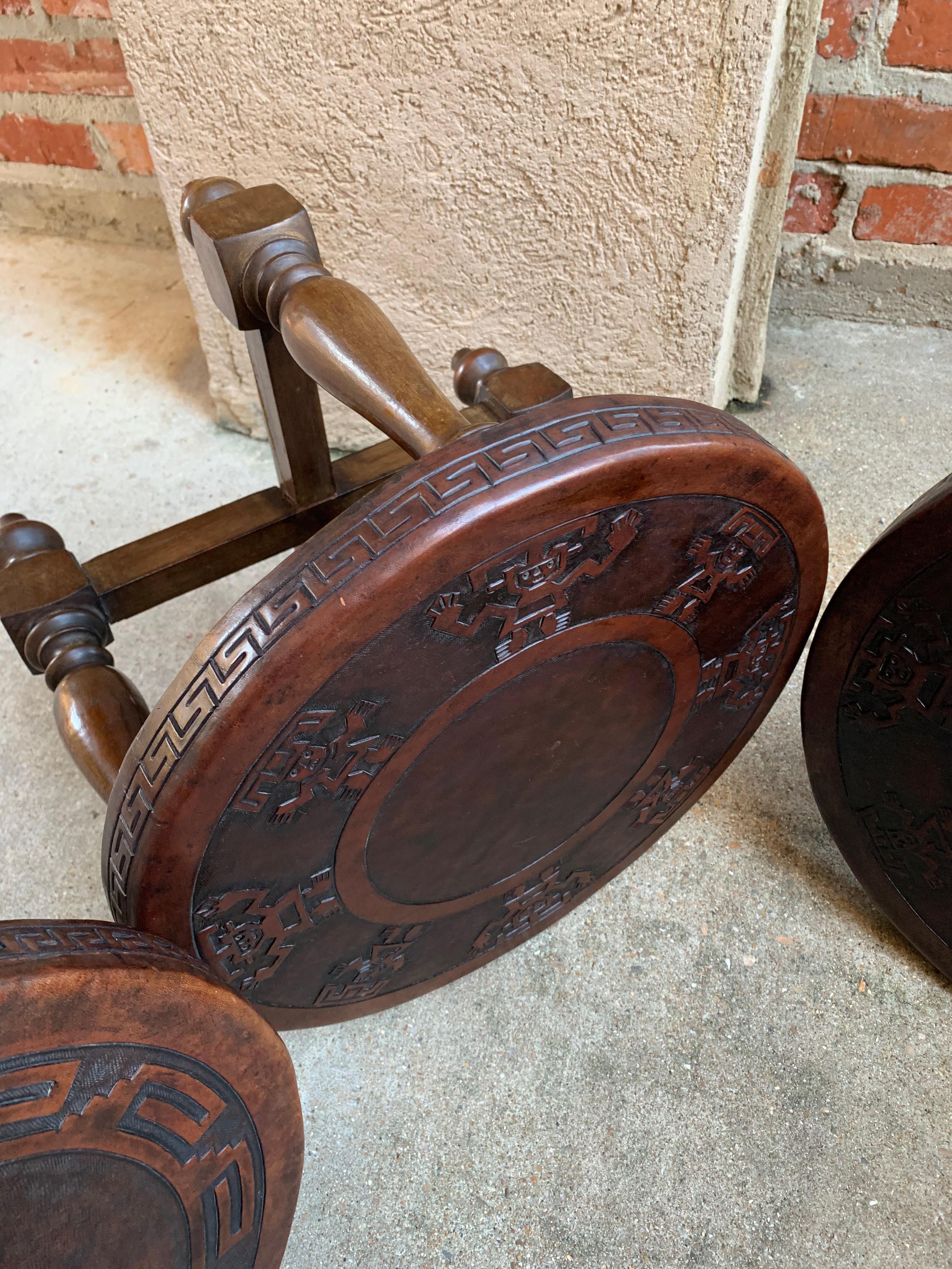Set 4 Vintage Peruvian Embossed Leather Wood Round Stool Bench Greek Key Aztec 6