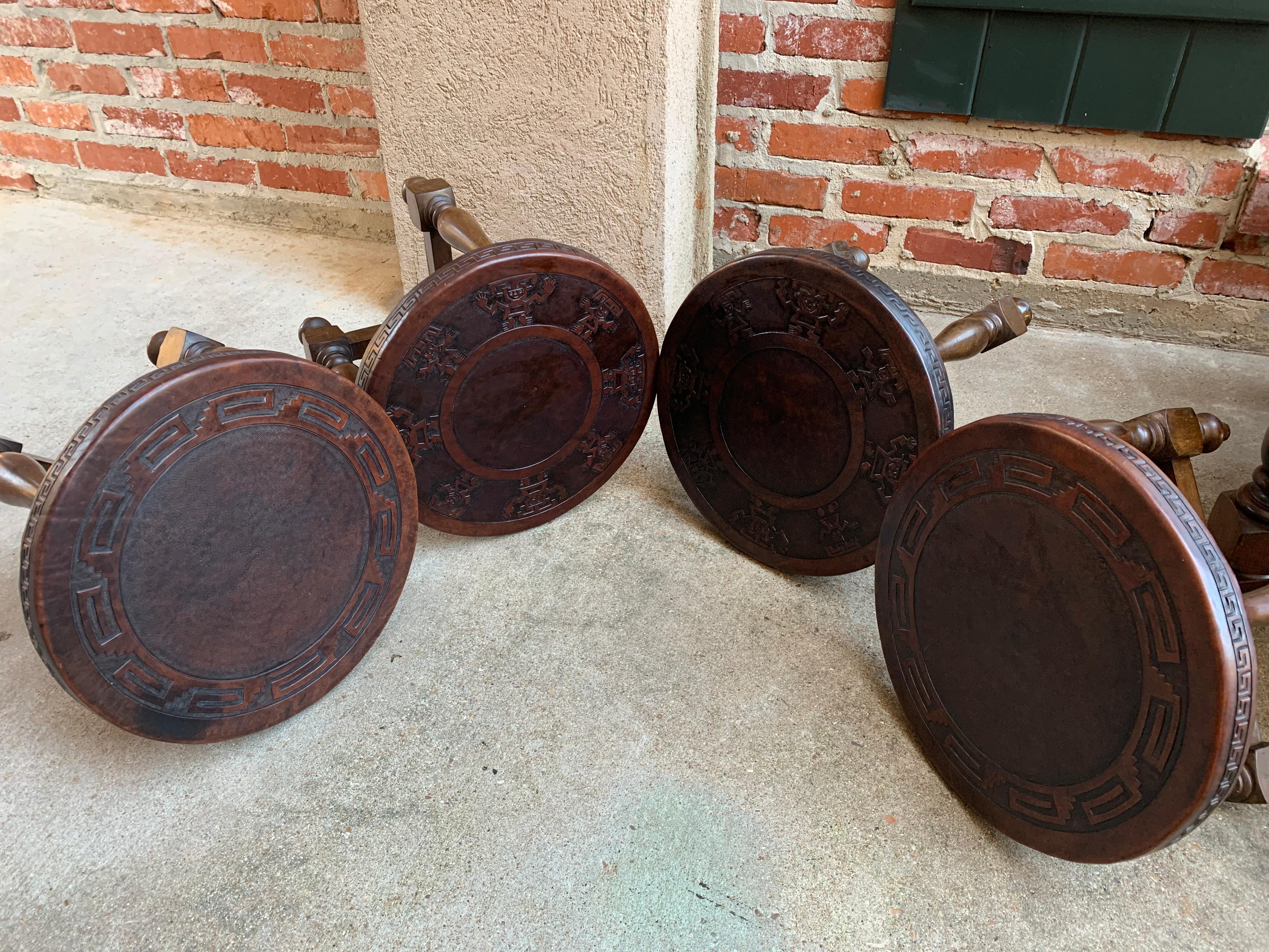 Bohemian Set 4 Vintage Peruvian Embossed Leather Wood Round Stool Bench Greek Key Aztec