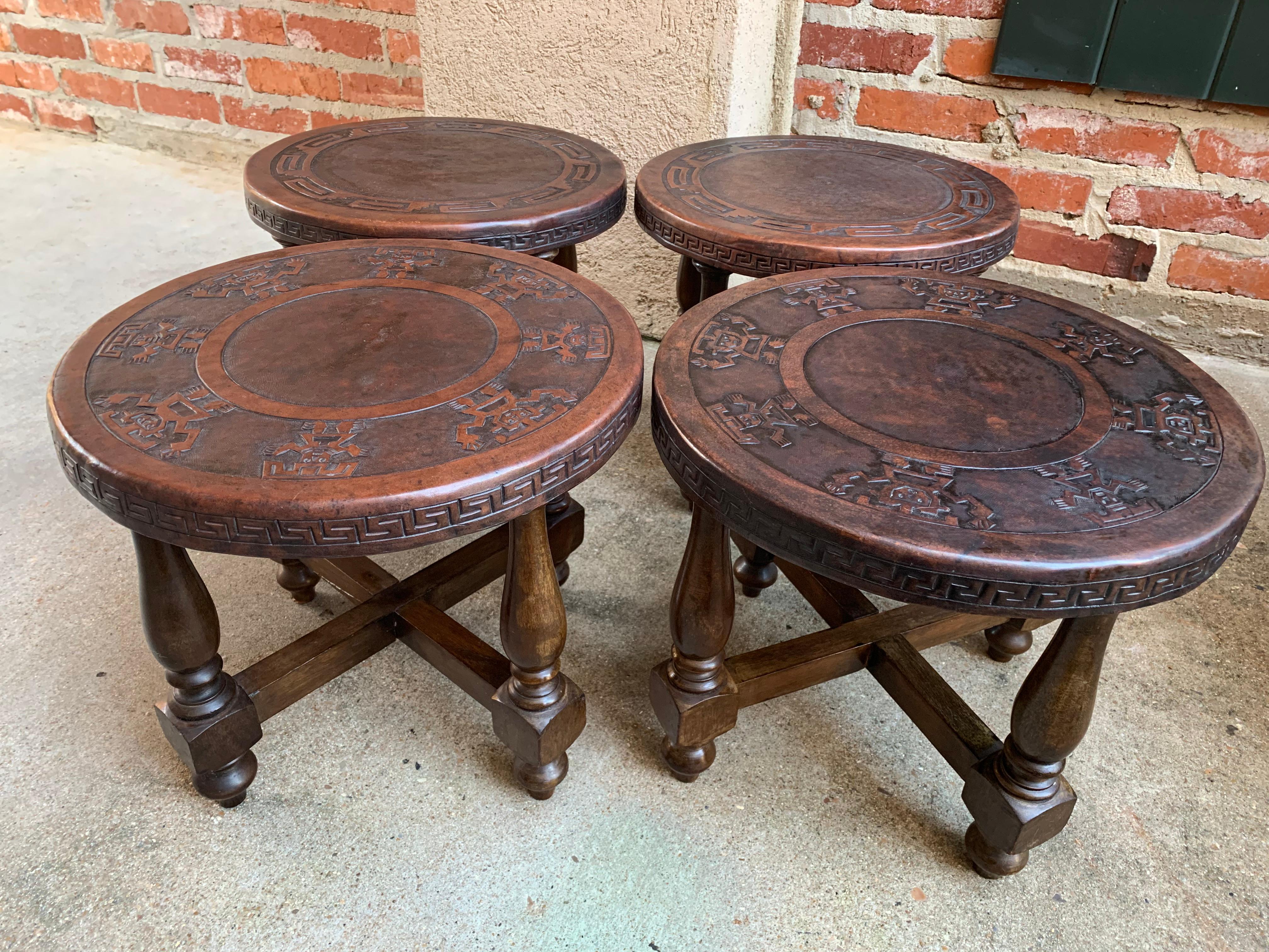 Set 4 Vintage Peruvian Embossed Leather Wood Round Stool Bench Greek Key Aztec In Good Condition In Shreveport, LA
