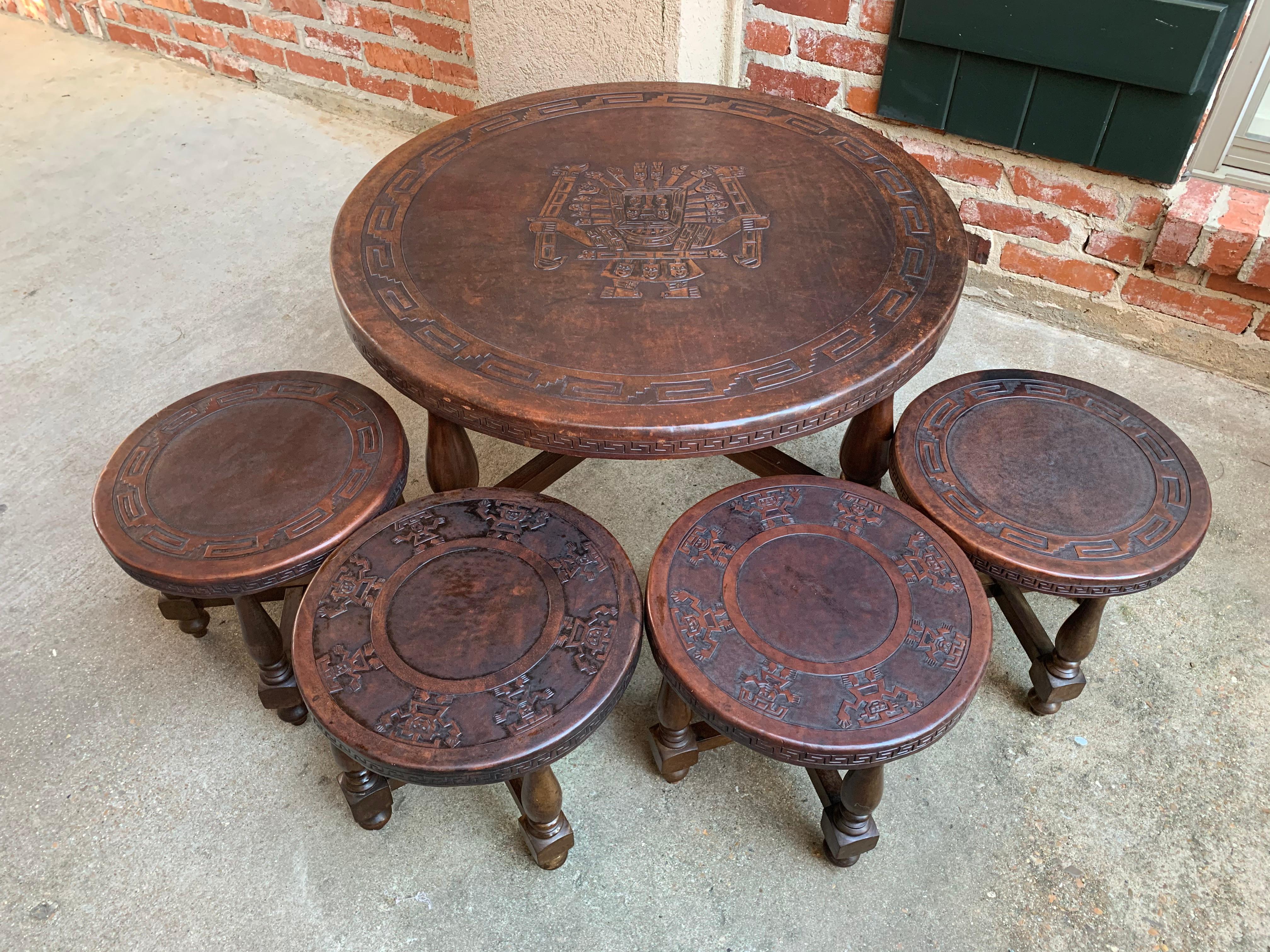 20th Century Set 4 Vintage Peruvian Embossed Leather Wood Round Stool Bench Greek Key Aztec