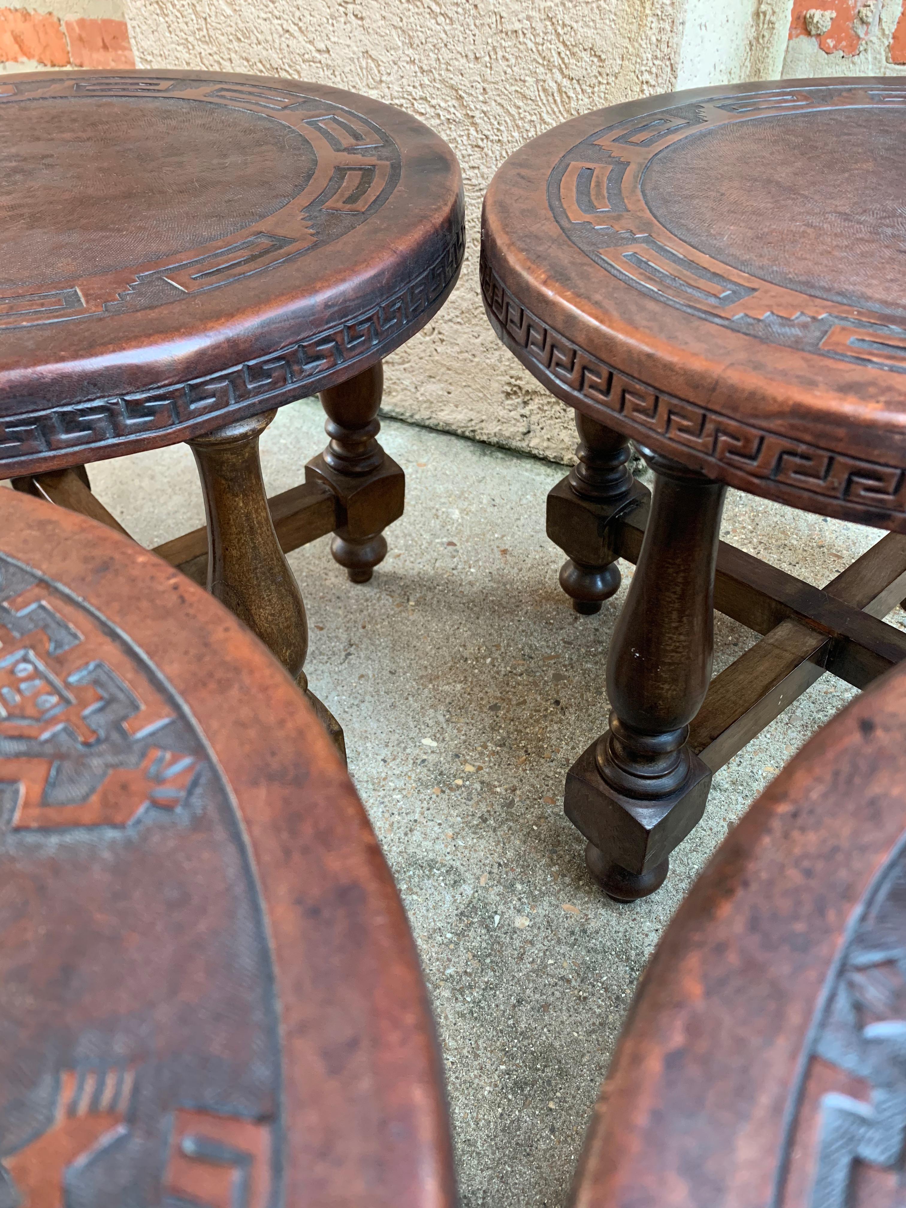 Set 4 Vintage Peruvian Embossed Leather Wood Round Stool Bench Greek Key Aztec 1