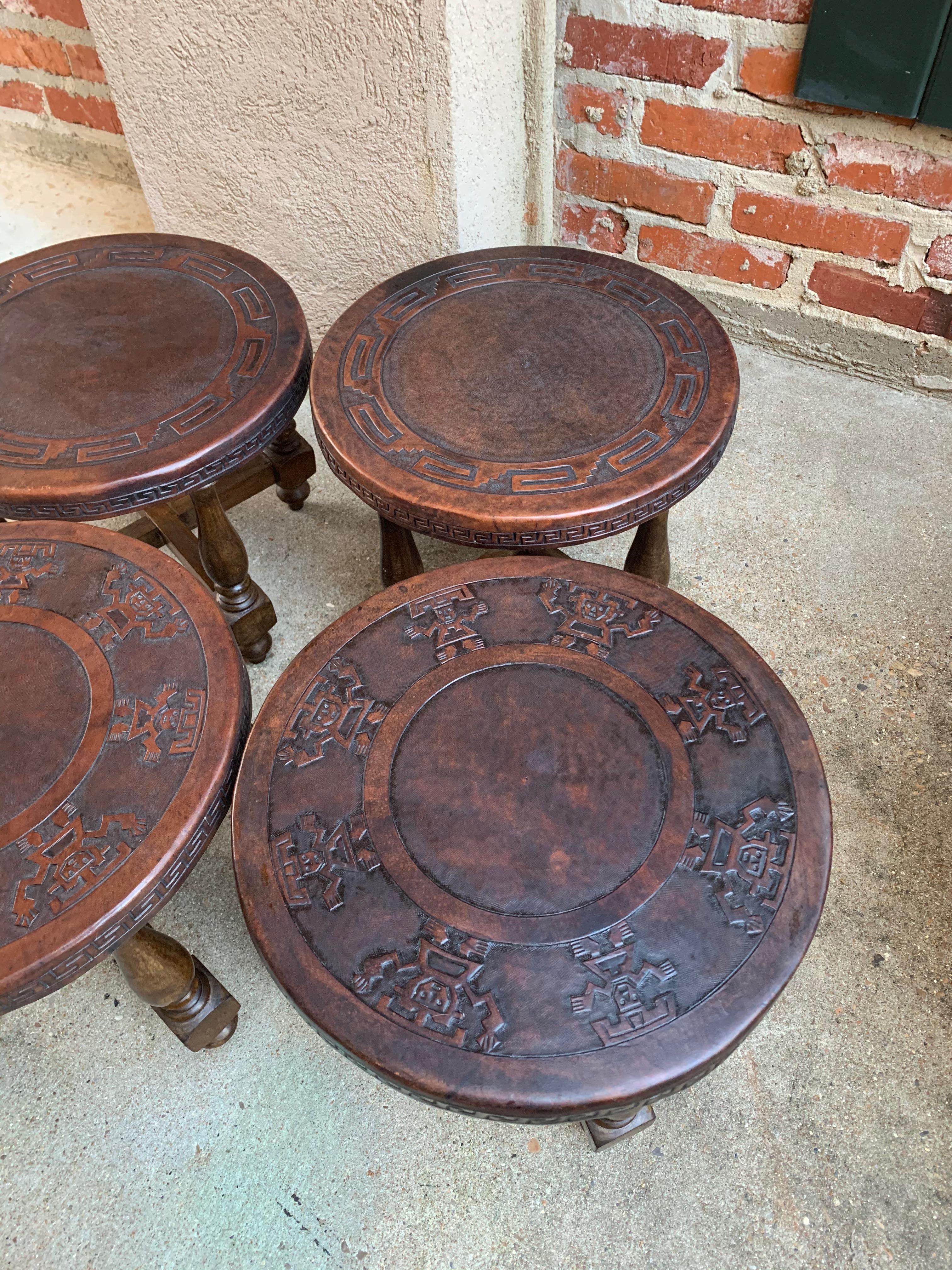 Set 4 Vintage Peruvian Embossed Leather Wood Round Stool Bench Greek Key Aztec 2