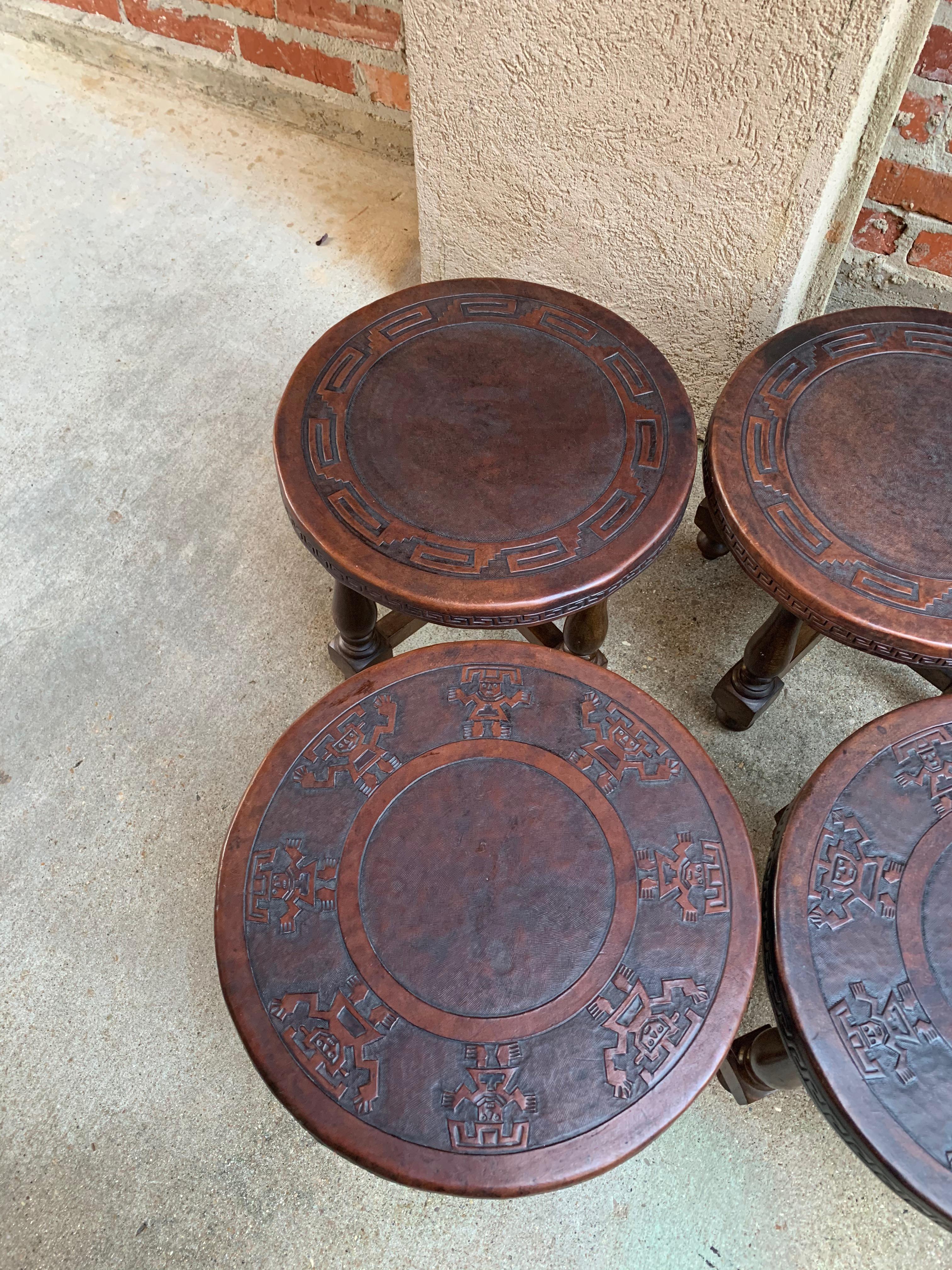 Set 4 Vintage Peruvian Embossed Leather Wood Round Stool Bench Greek Key Aztec 3