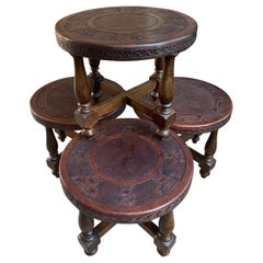 Set 4 Vintage Peruvian Embossed Leather Wood Round Stool Bench Greek Key Aztec