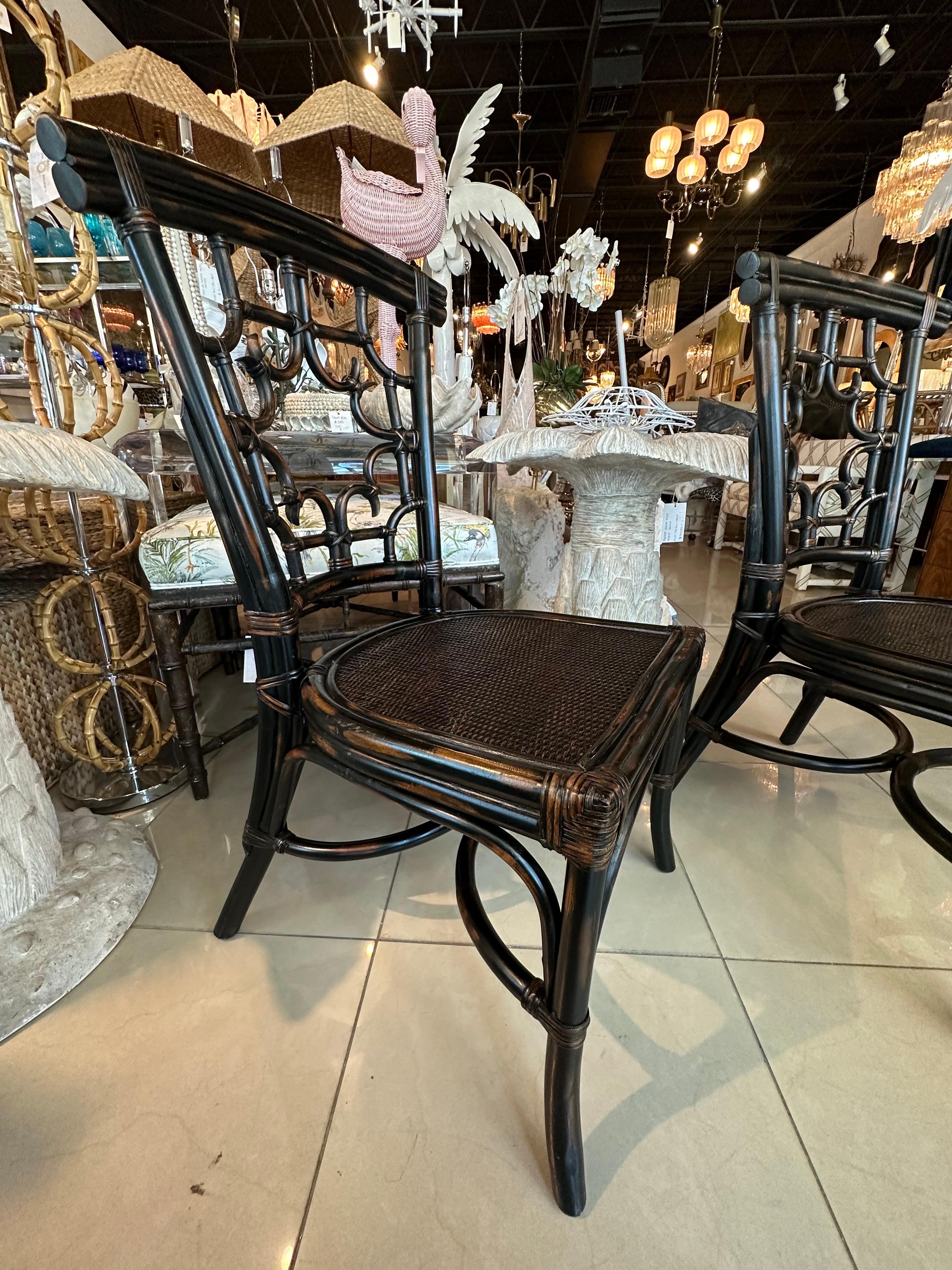 Set 4 Vintage Woven Rattan Chippendale Fretwork Fret Side Dining Chairs For Sale 4
