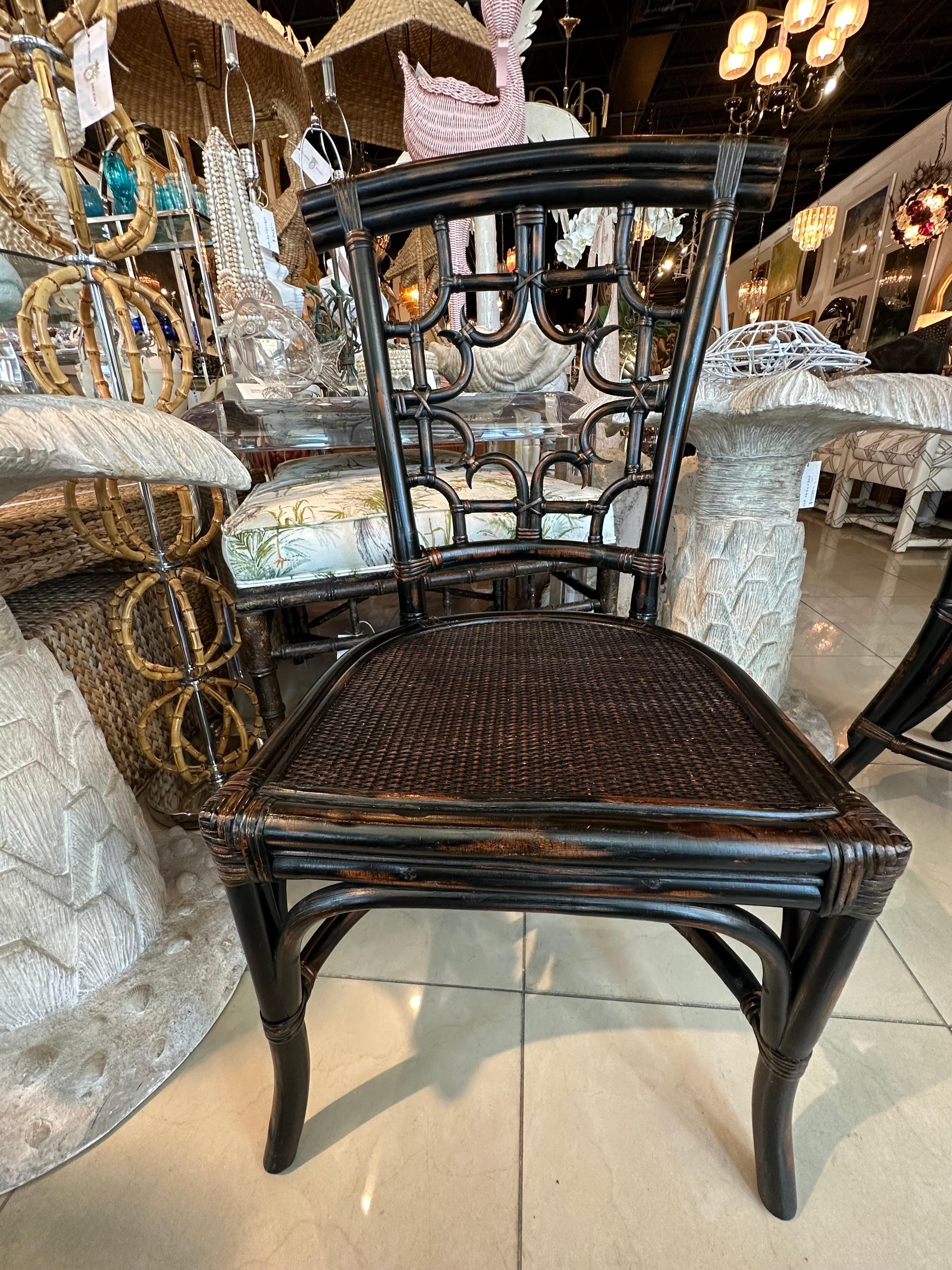 Set 4 Vintage Woven Rattan Chippendale Fretwork Fret Side Dining Chairs For Sale 5