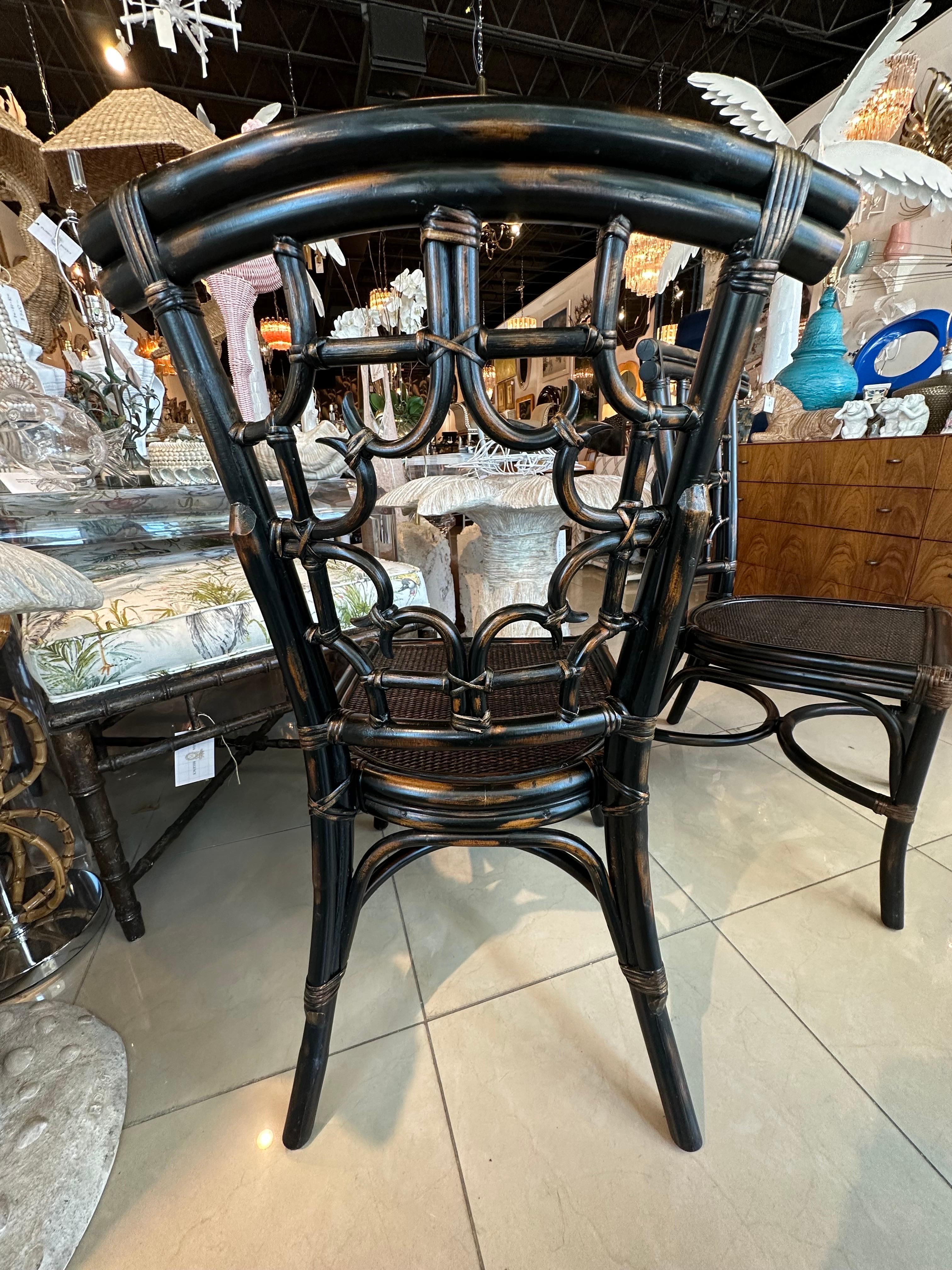 Set 4 Vintage Woven Rattan Chippendale Fretwork Fret Side Dining Chairs For Sale 8