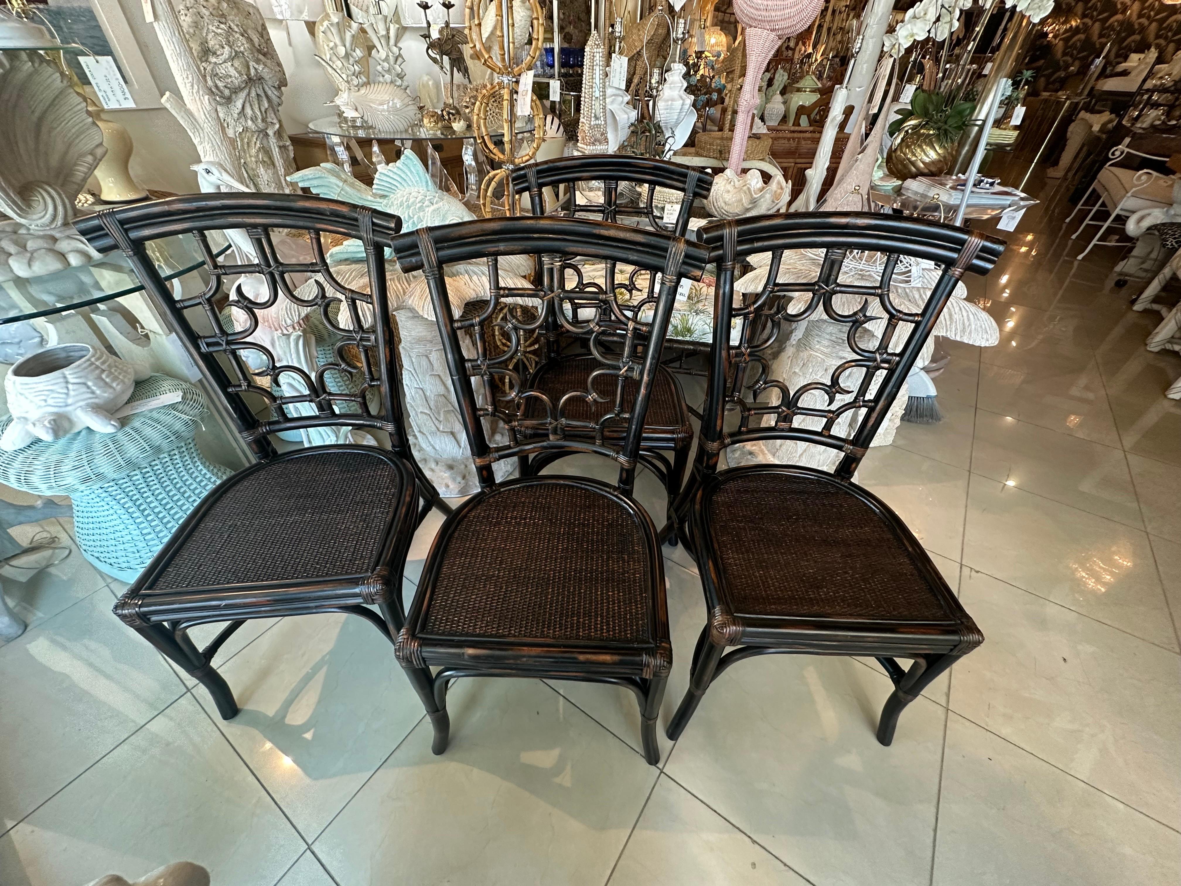 Set 4 Vintage Woven Rattan Chippendale Fretwork Fret Side Dining Chairs For Sale 10