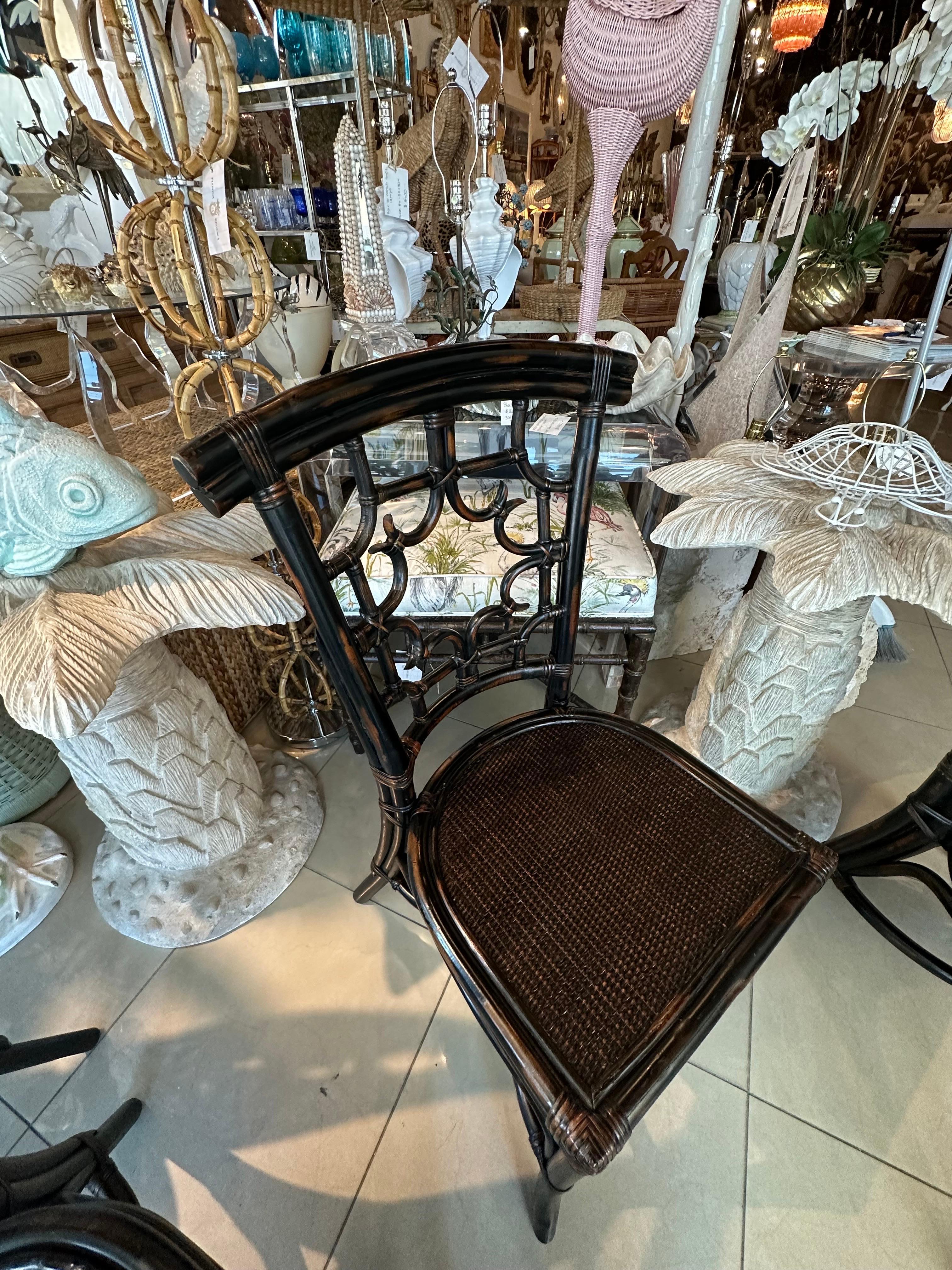 American Set 4 Vintage Woven Rattan Chippendale Fretwork Fret Side Dining Chairs For Sale