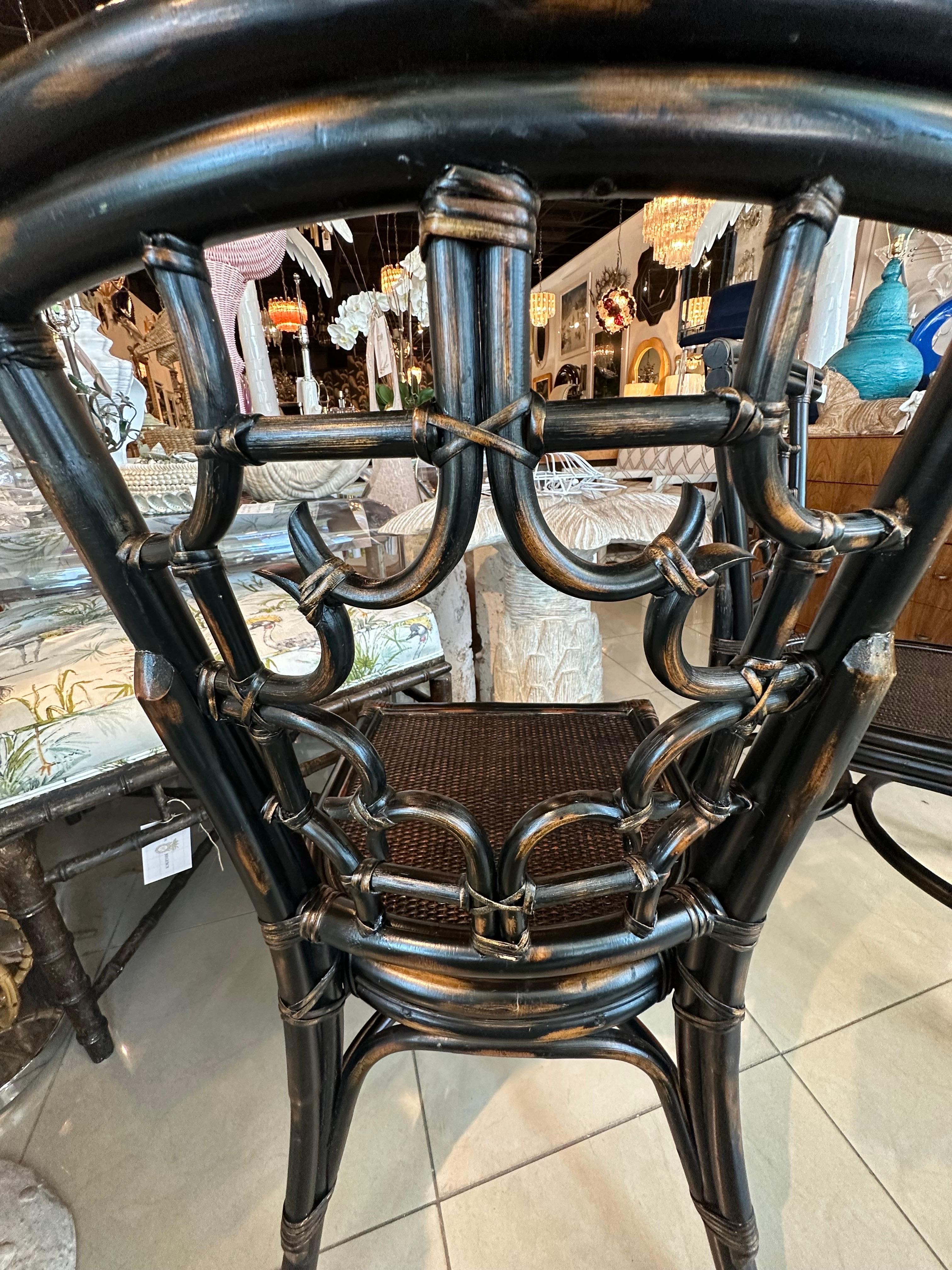 Late 20th Century Set 4 Vintage Woven Rattan Chippendale Fretwork Fret Side Dining Chairs For Sale
