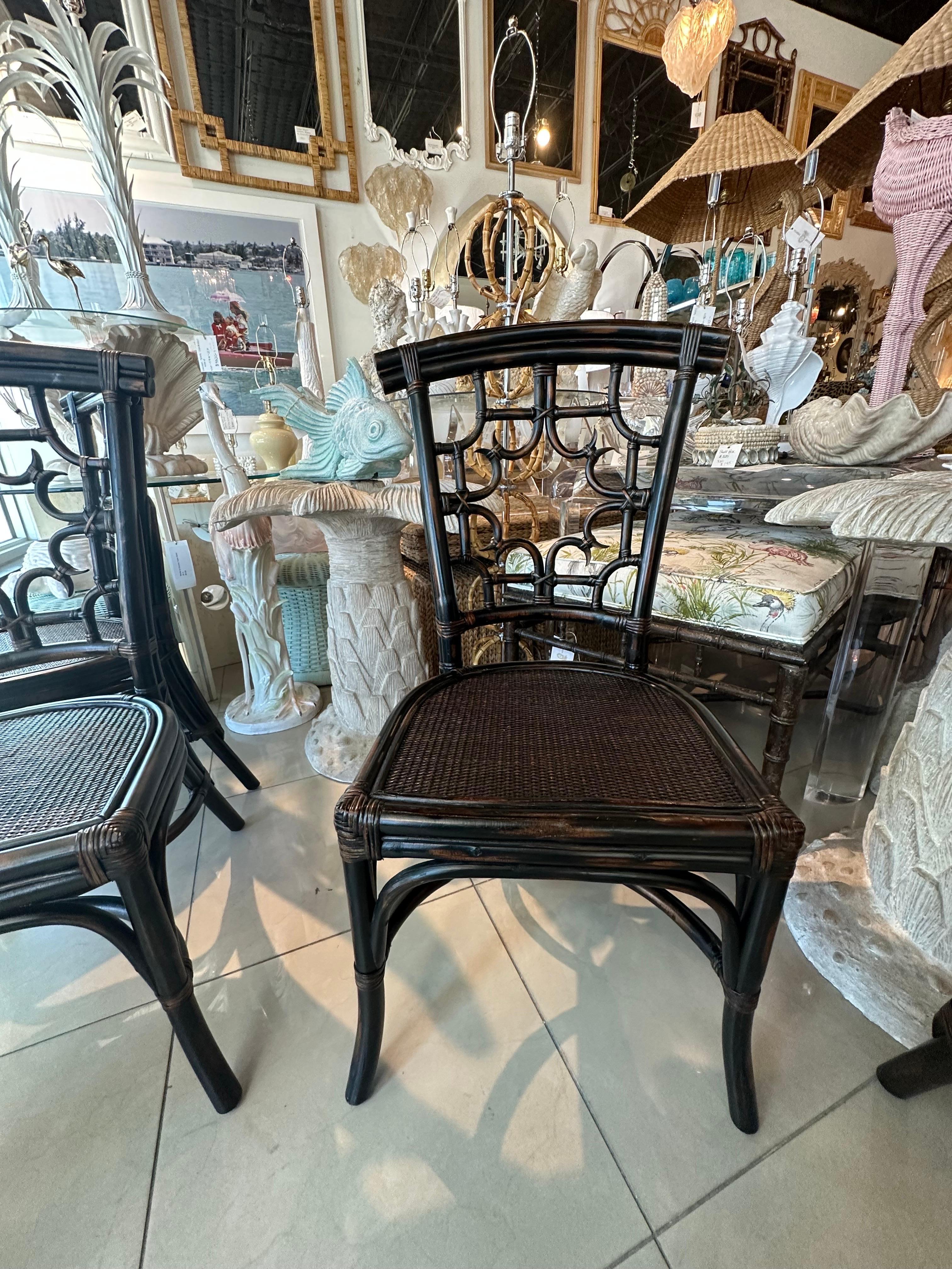 Set 4 Vintage Woven Rattan Chippendale Fretwork Fret Side Dining Chairs For Sale 1