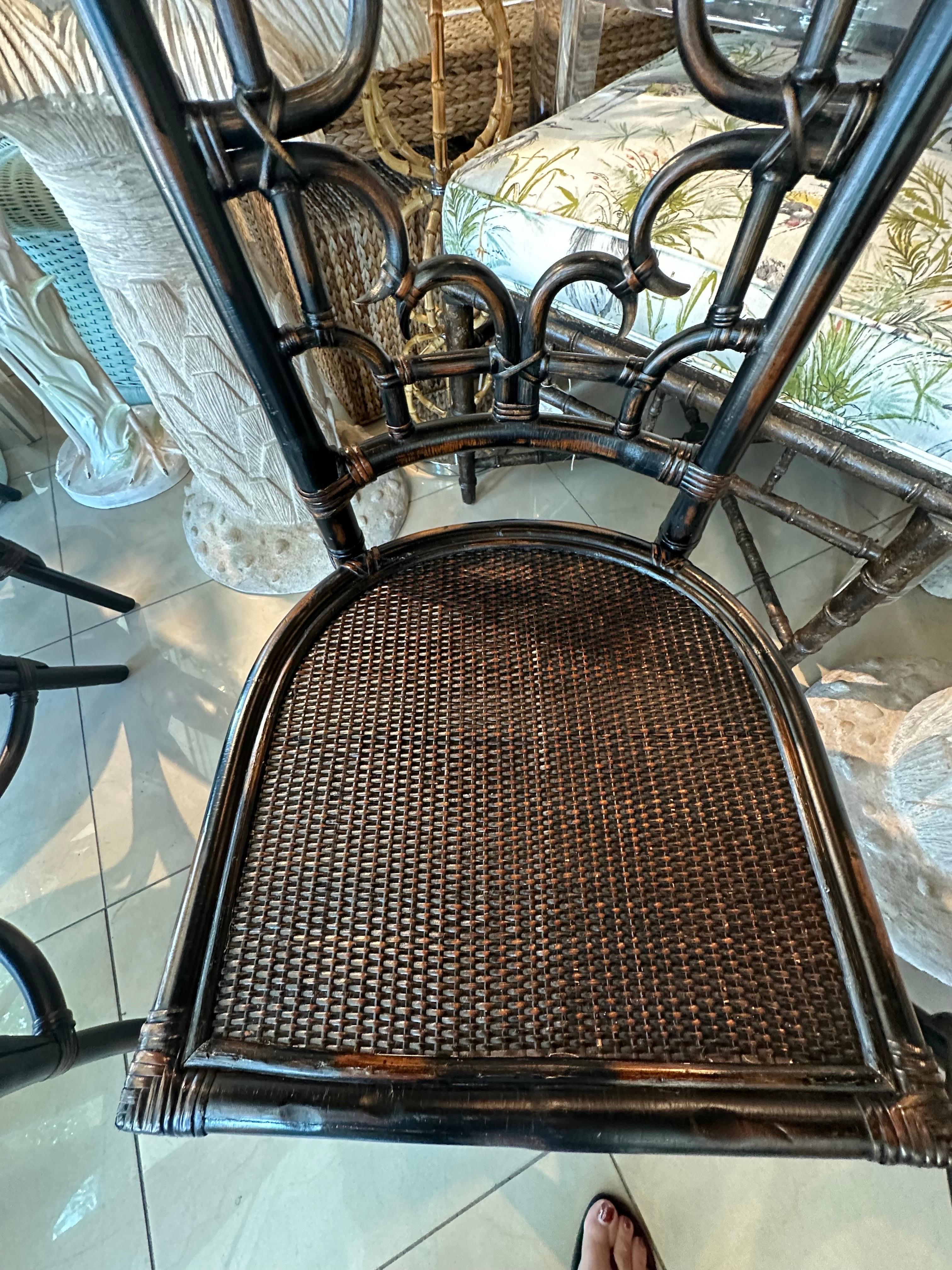 Set 4 Vintage Woven Rattan Chippendale Fretwork Fret Side Dining Chairs For Sale 2