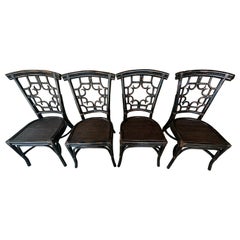 Set 4 Vintage Woven Rattan Chippendale Fretwork Fret Side Dining Chairs