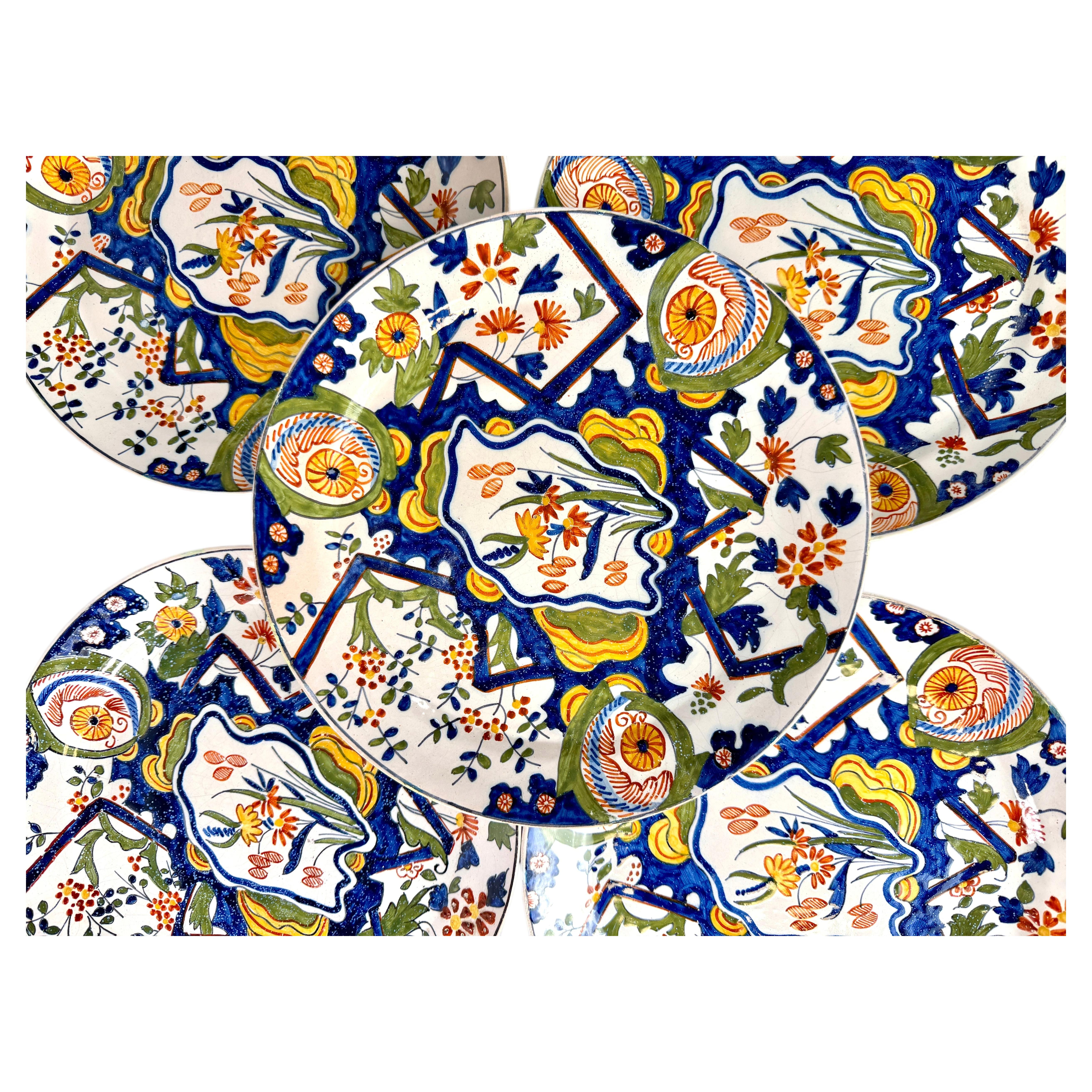 Set 5 antike Delft Teller Hand gemalt Niederlande "Blitz" Muster C-1820 im Angebot