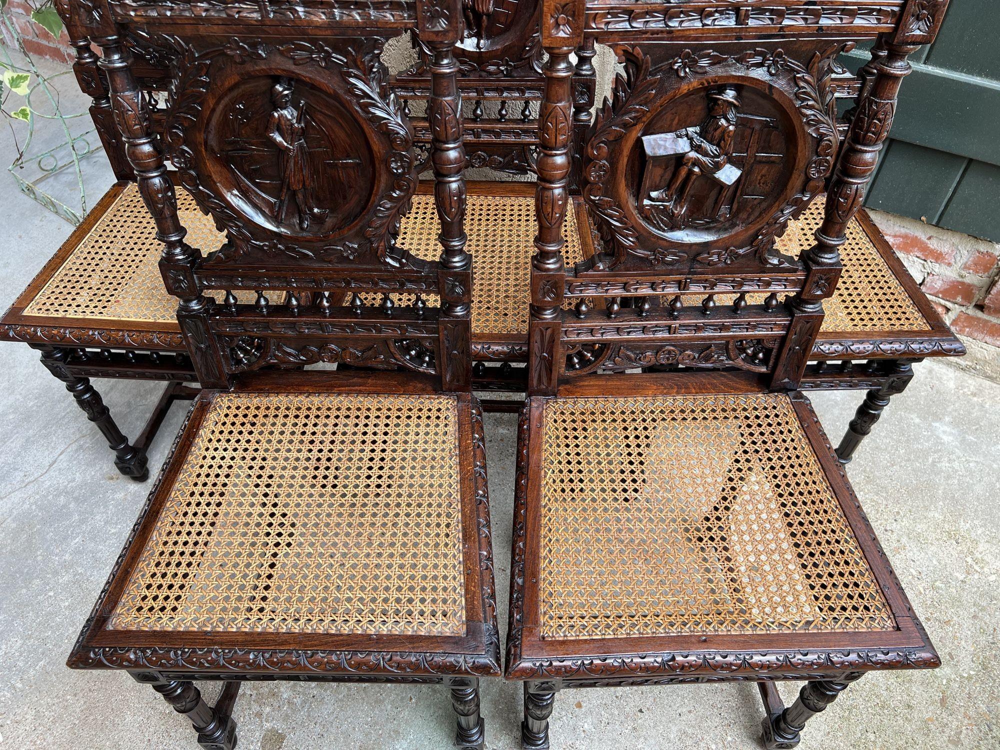 Set 5 Antique French Carved Oak Dining Side Chairs Breton Brittany Cane Seat 5
