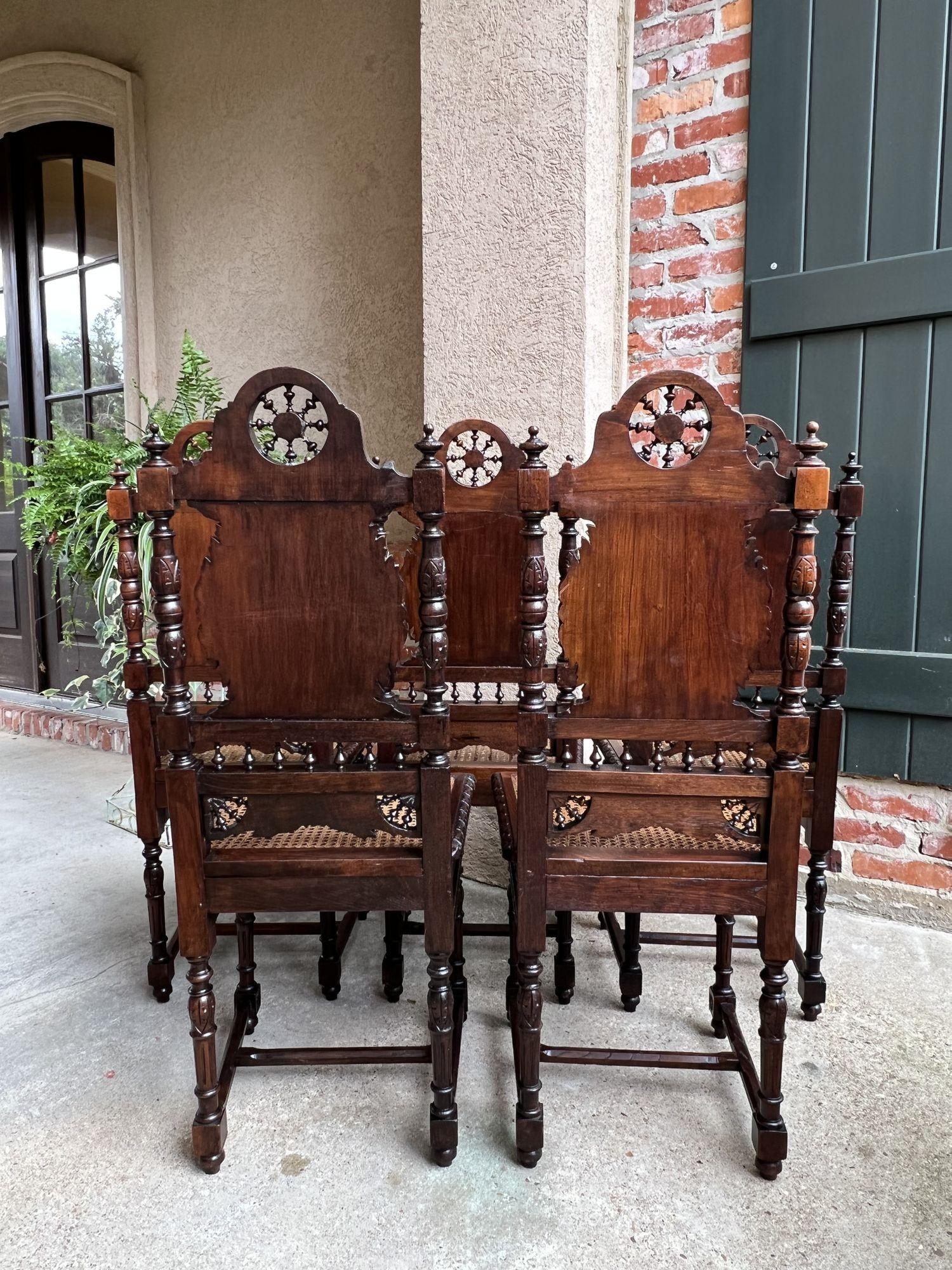 Set 5 Antique French Carved Oak Dining Side Chairs Breton Brittany Cane Seat 6