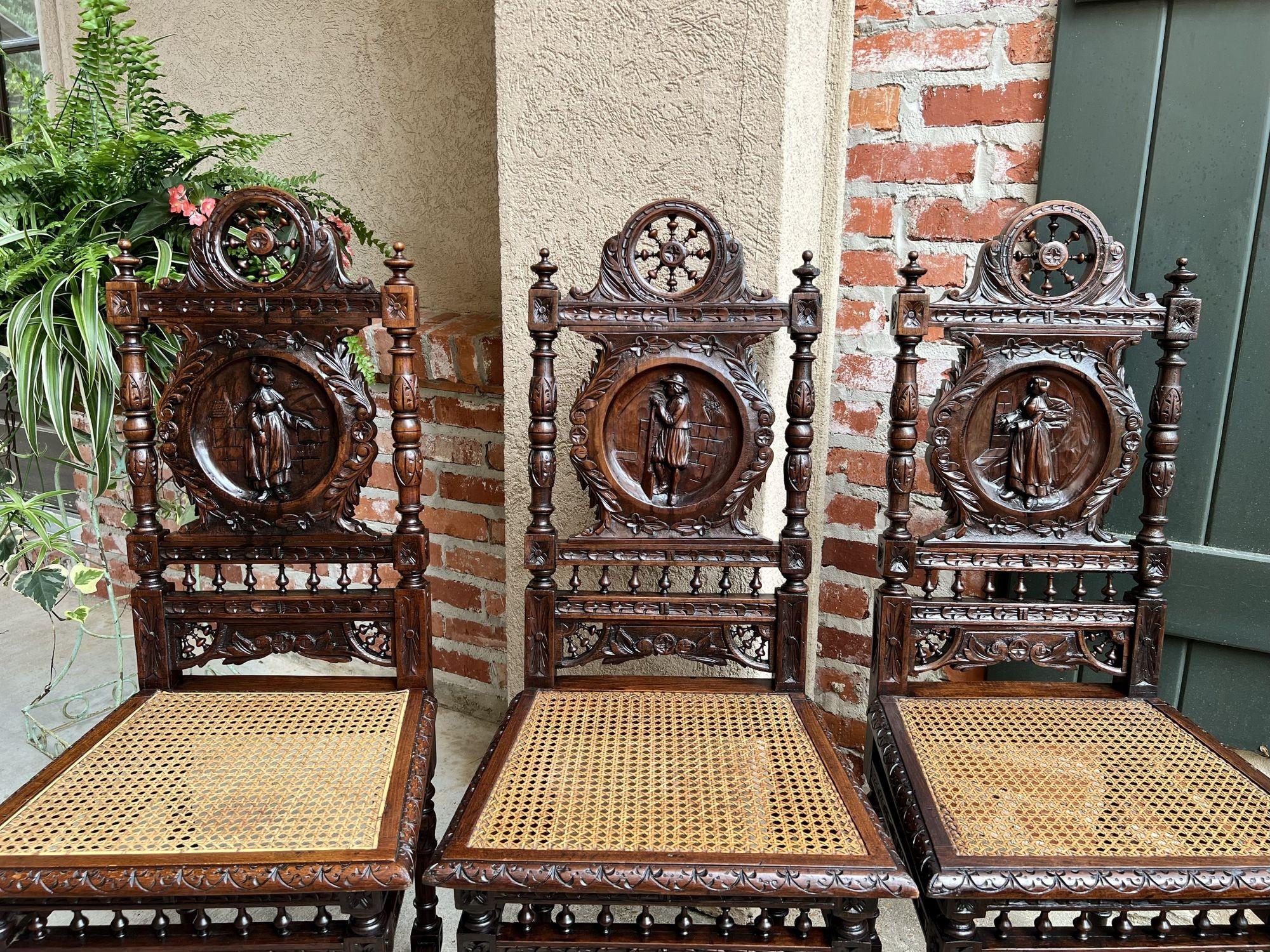 Set 5 Antique French Carved Oak Dining Side Chairs Breton Brittany Cane Seat 7