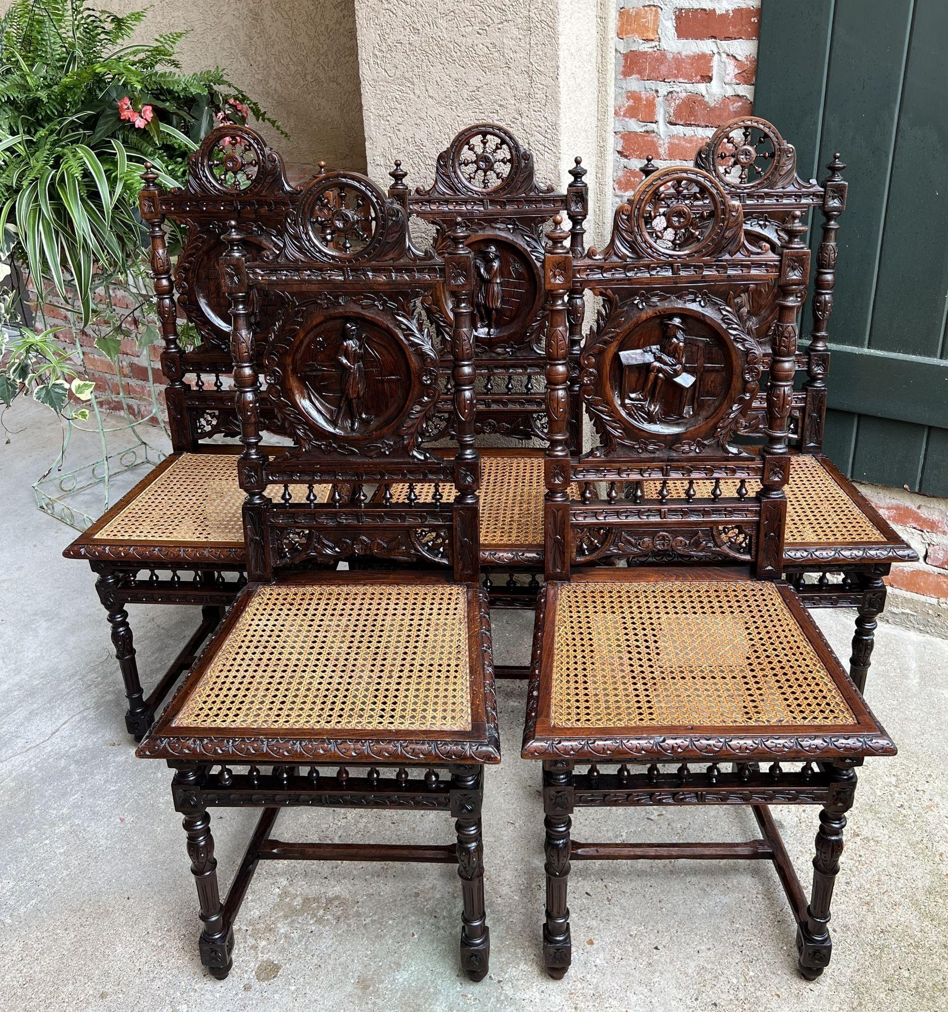 Set 5 Antique French Carved Oak Dining Side Chairs Breton Brittany Cane Seat 8