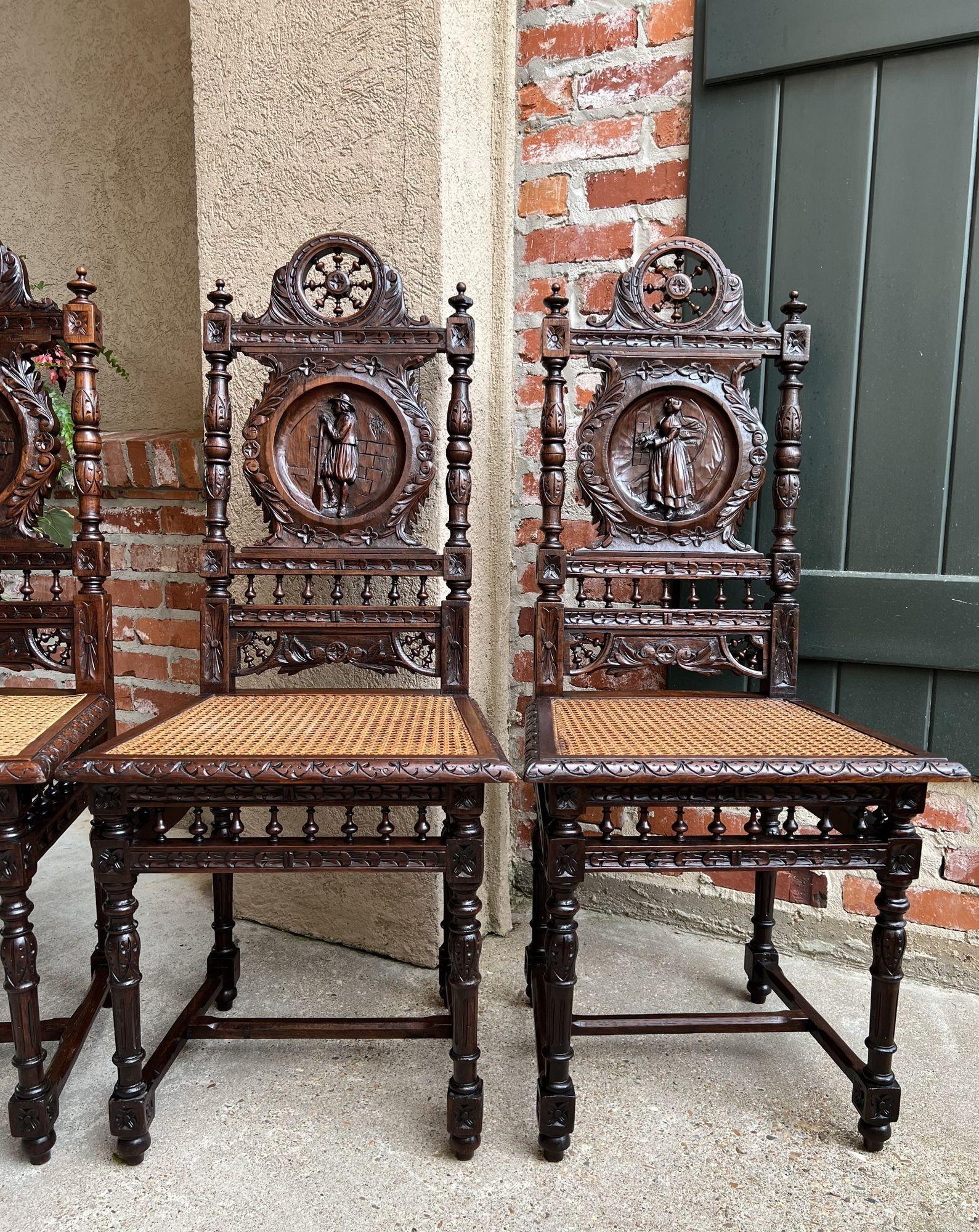 Set 5 Antique French Carved Oak Dining Side Chairs Breton Brittany Cane Seat 10