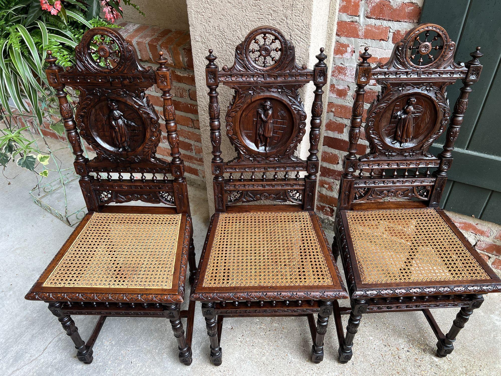 Set 5 Antique French Carved Oak Dining Side Chairs Breton Brittany Cane Seat 12