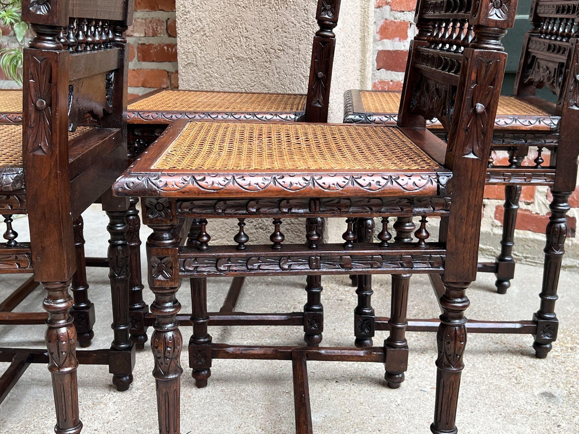 Set 5 Antique French Carved Oak Dining Side Chairs Breton Brittany Cane Seat 13