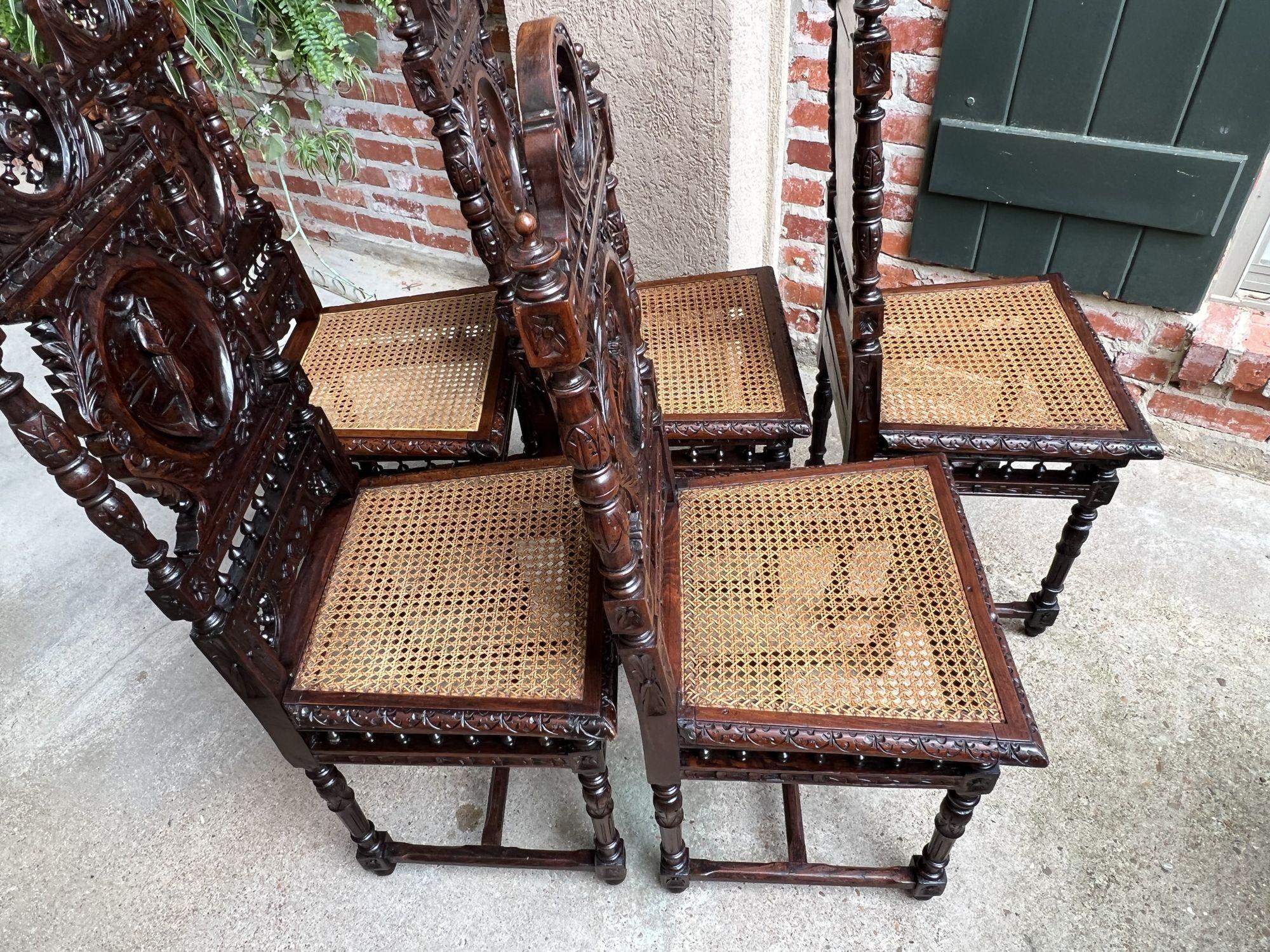 Set 5 Antique French Carved Oak Dining Side Chairs Breton Brittany Cane Seat 14