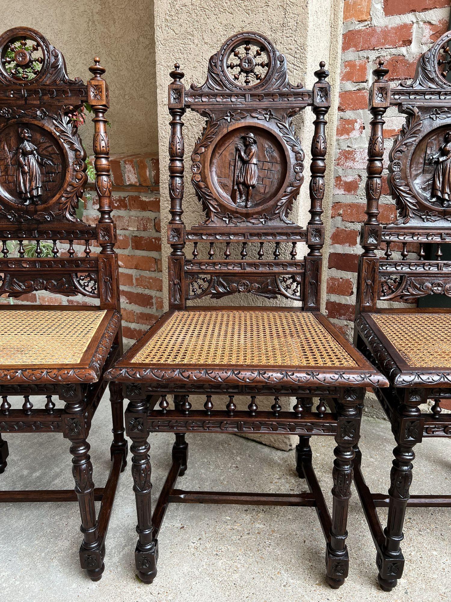Early 20th Century Set 5 Antique French Carved Oak Dining Side Chairs Breton Brittany Cane Seat