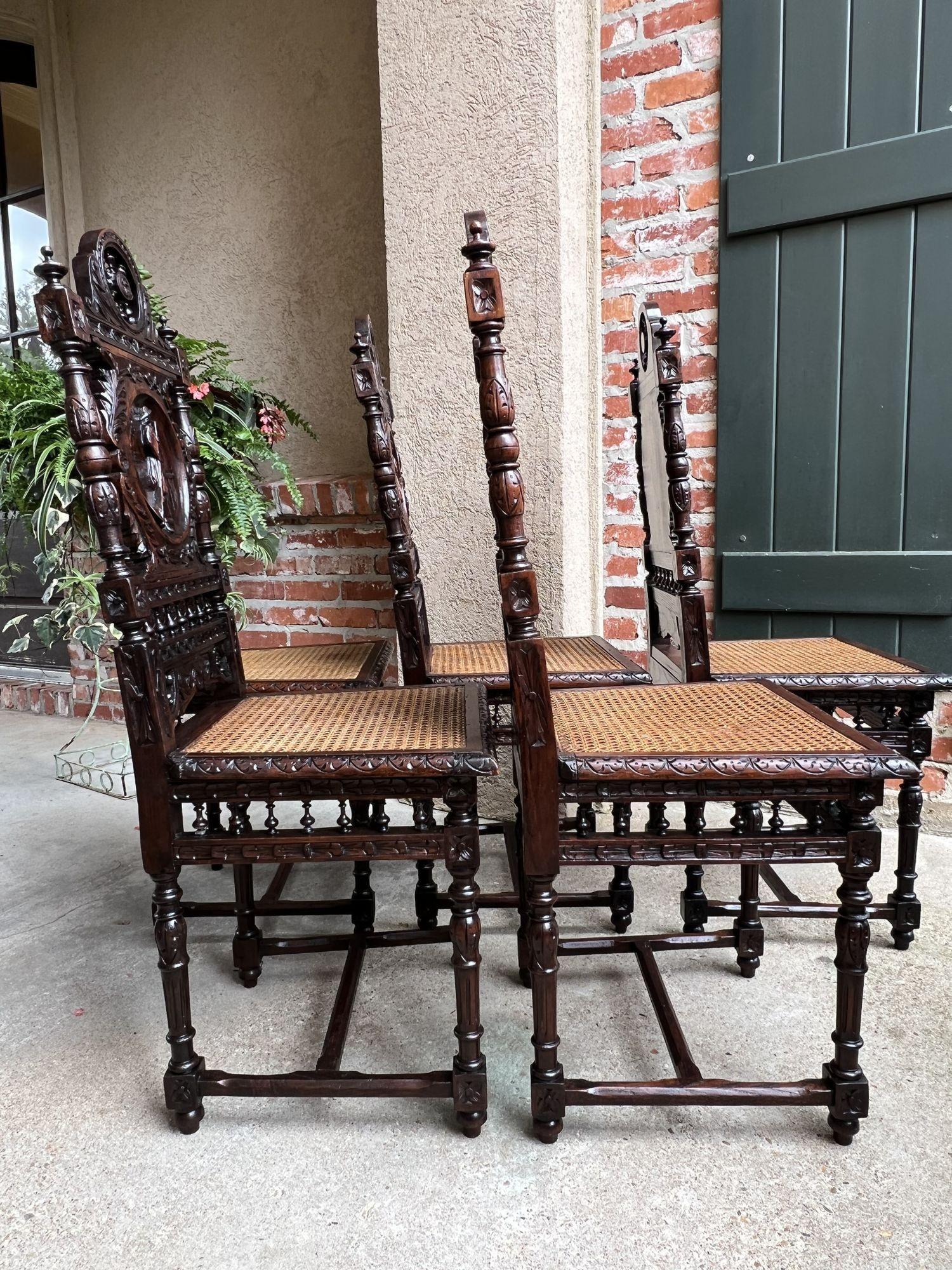 Set 5 Antique French Carved Oak Dining Side Chairs Breton Brittany Cane Seat 2