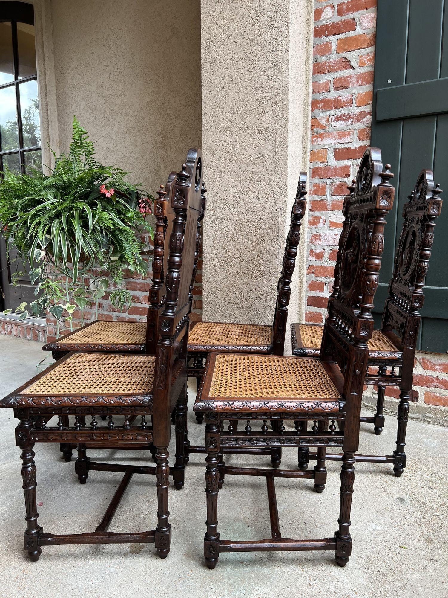Set 5 Antique French Carved Oak Dining Side Chairs Breton Brittany Cane Seat 3