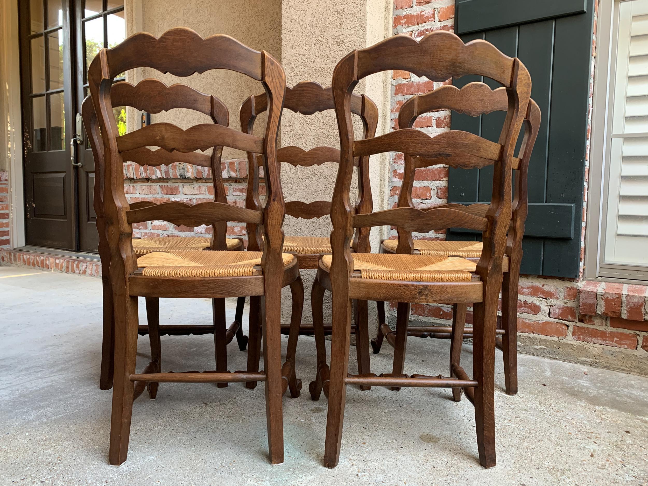 Set of 5 Antique French Country Carved Oak Ladder Back Dining Chair Rush Seat 2