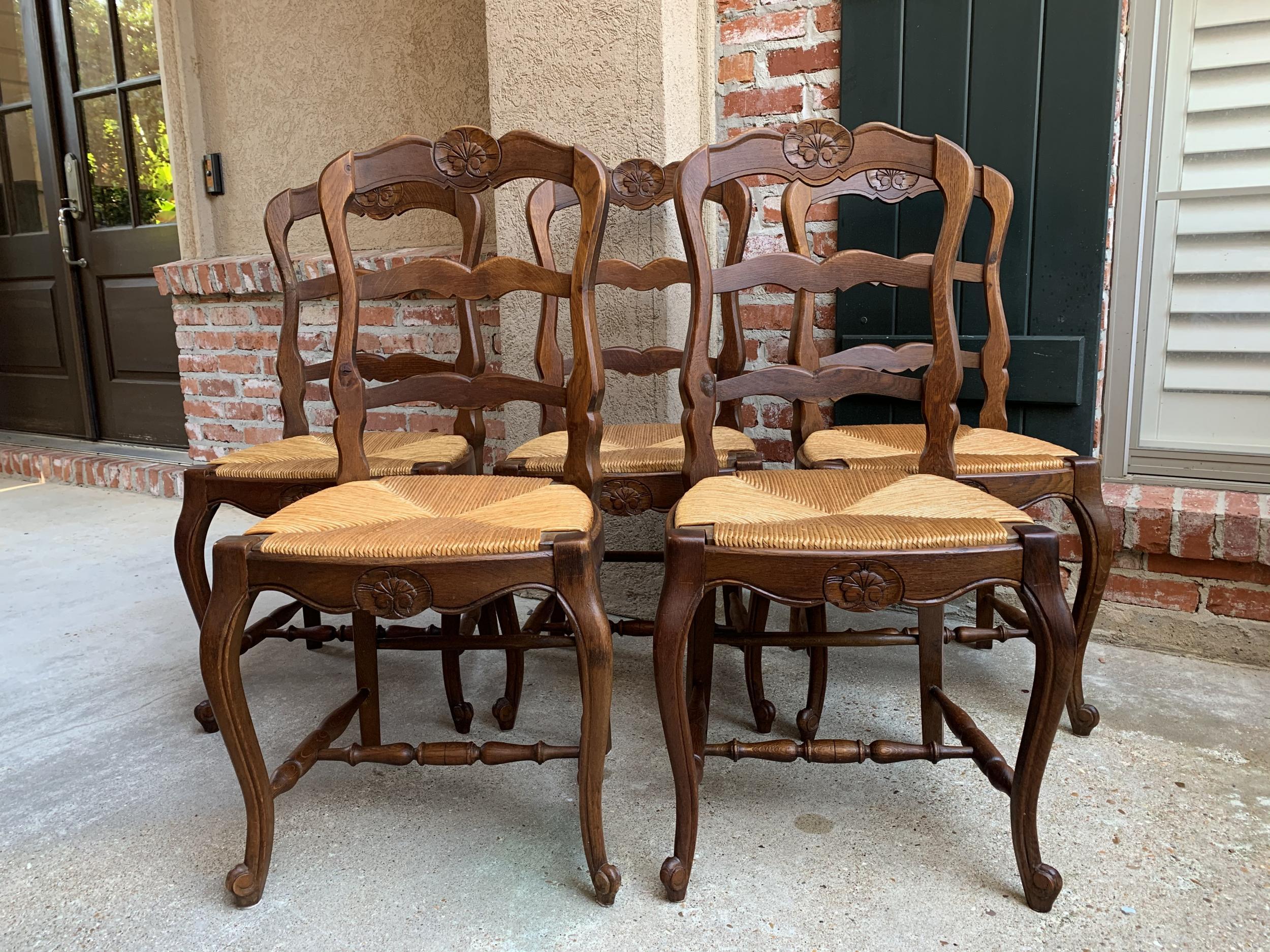 Set of 5 Antique French Country Carved Oak Ladder Back Dining Chair Rush Seat 5