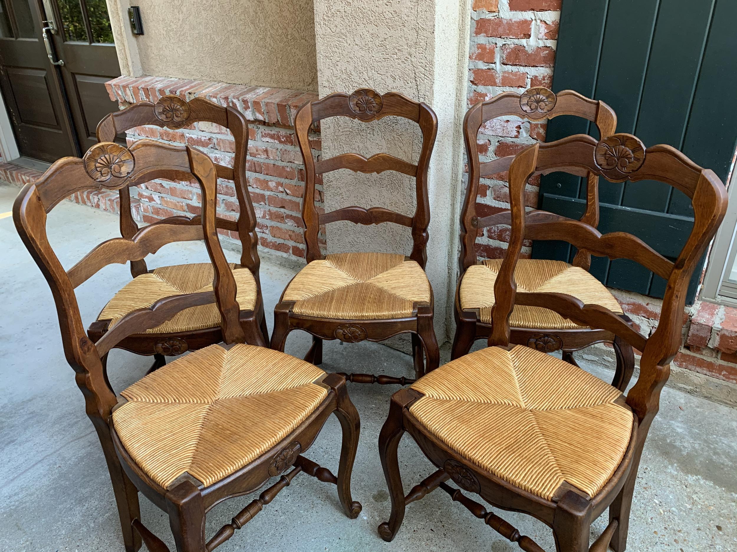 Set of 5 Antique French Country Carved Oak Ladder Back Dining Chair Rush Seat 6